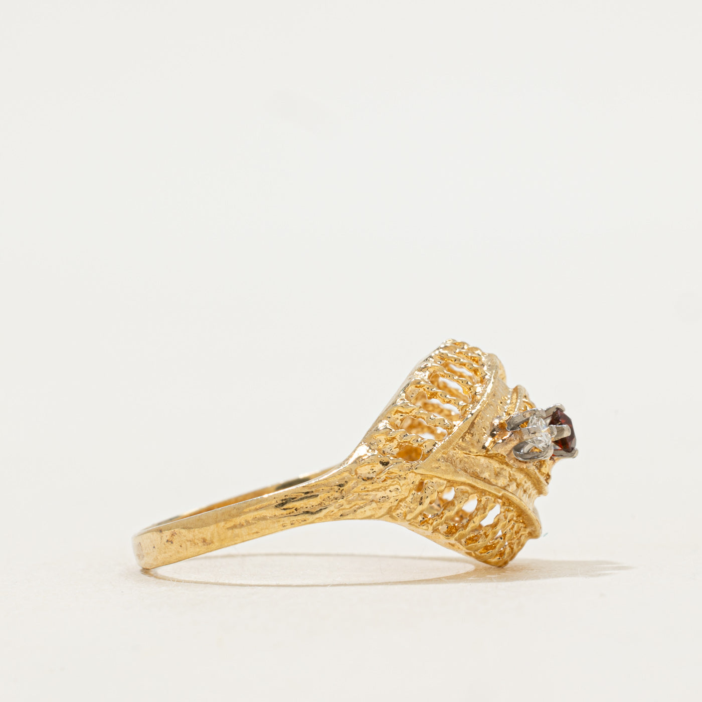 Three Stone Ruby & Diamond Textured Ring | SZ 6.25