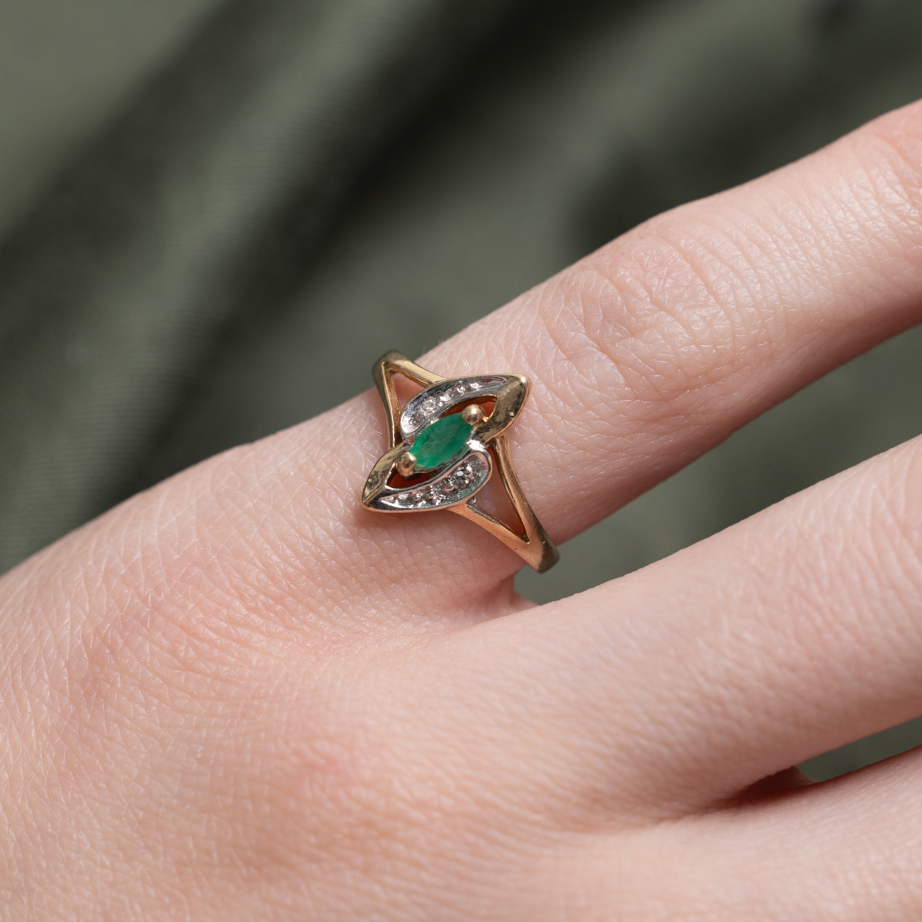 Marquise Cut Emerald & Diamond Open Shank Ring | SZ 3