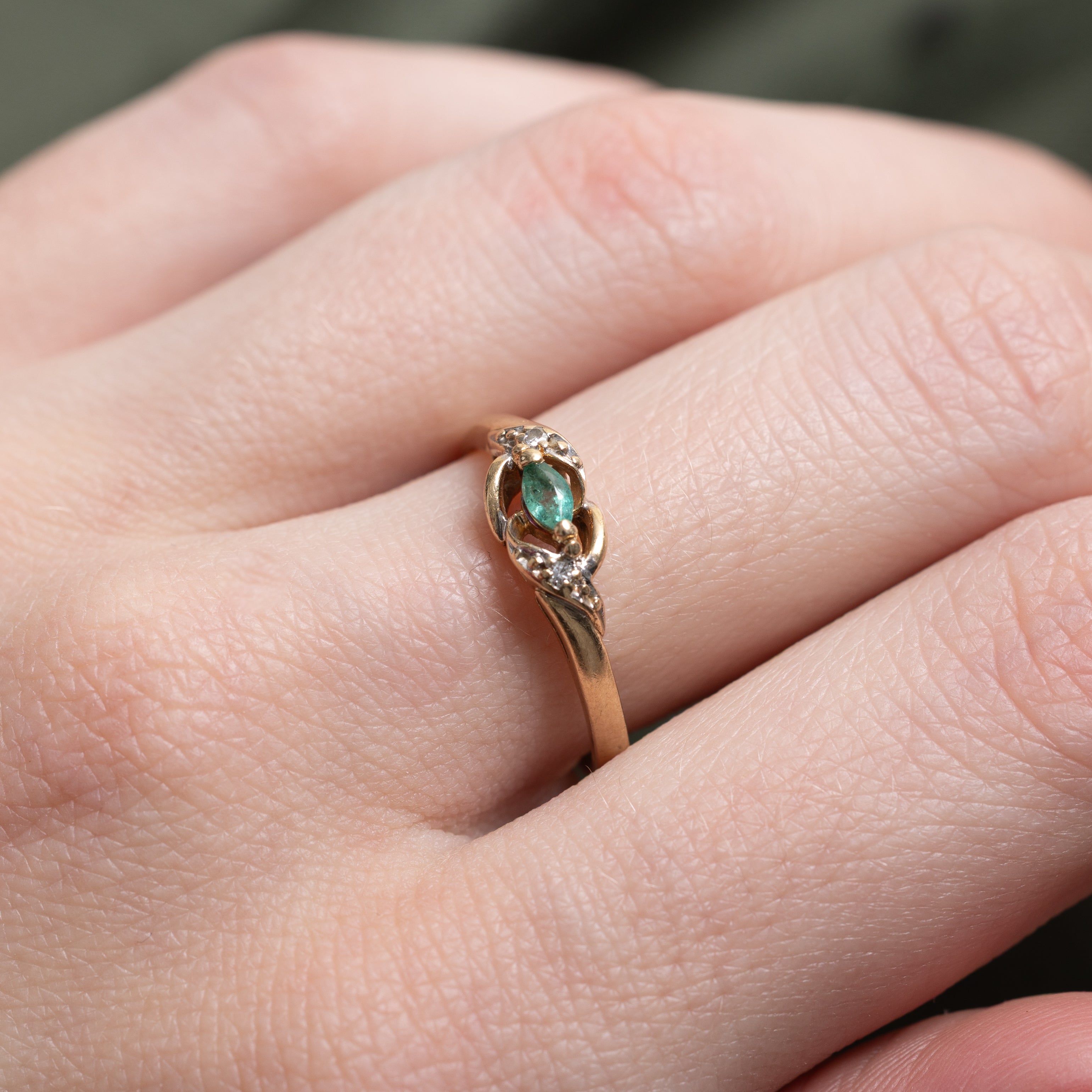 Marquise Cut Emerald & Diamond Openwork Ring | SZ 6.75