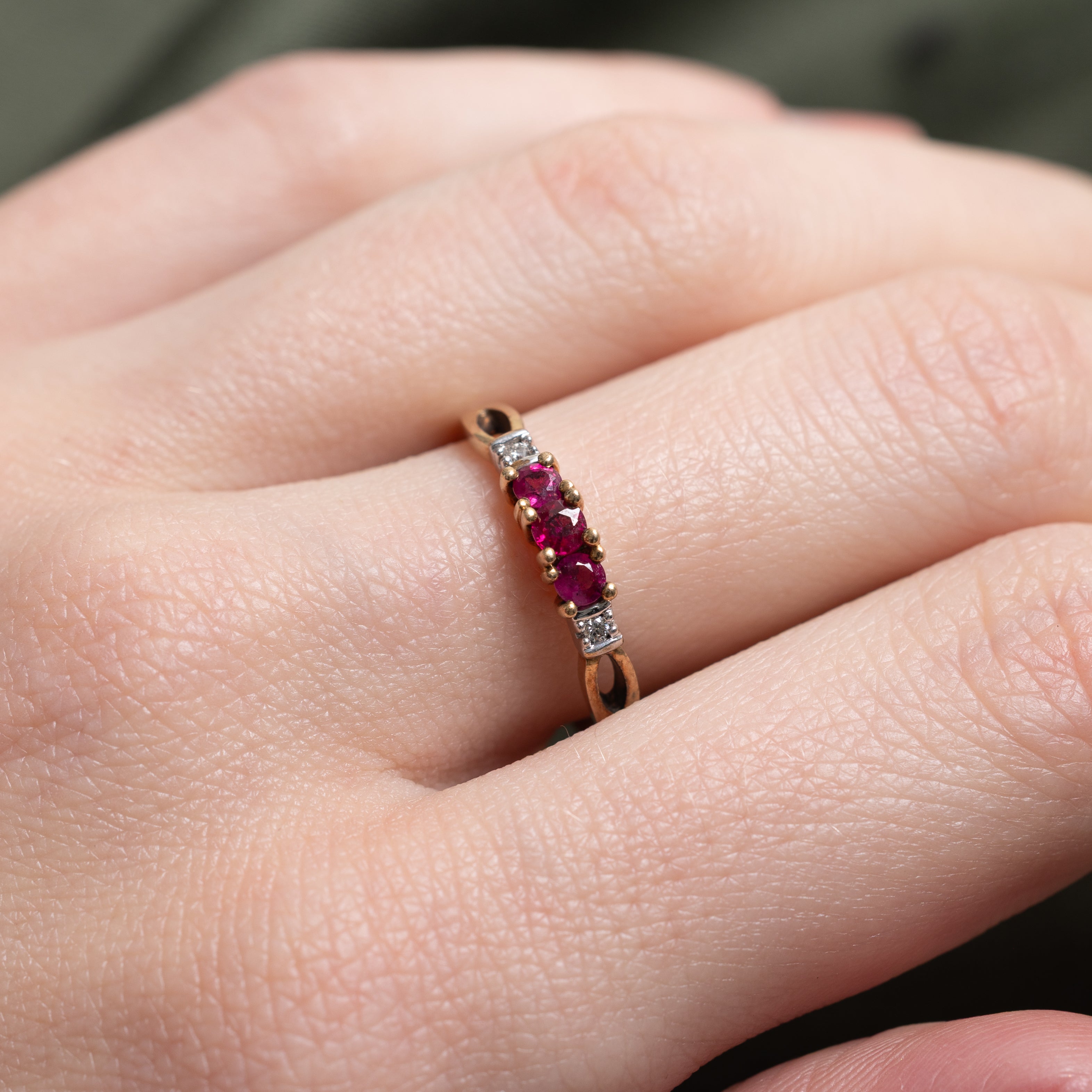 Three Stone Synthetic Ruby & Diamond Ring | SZ 6.5