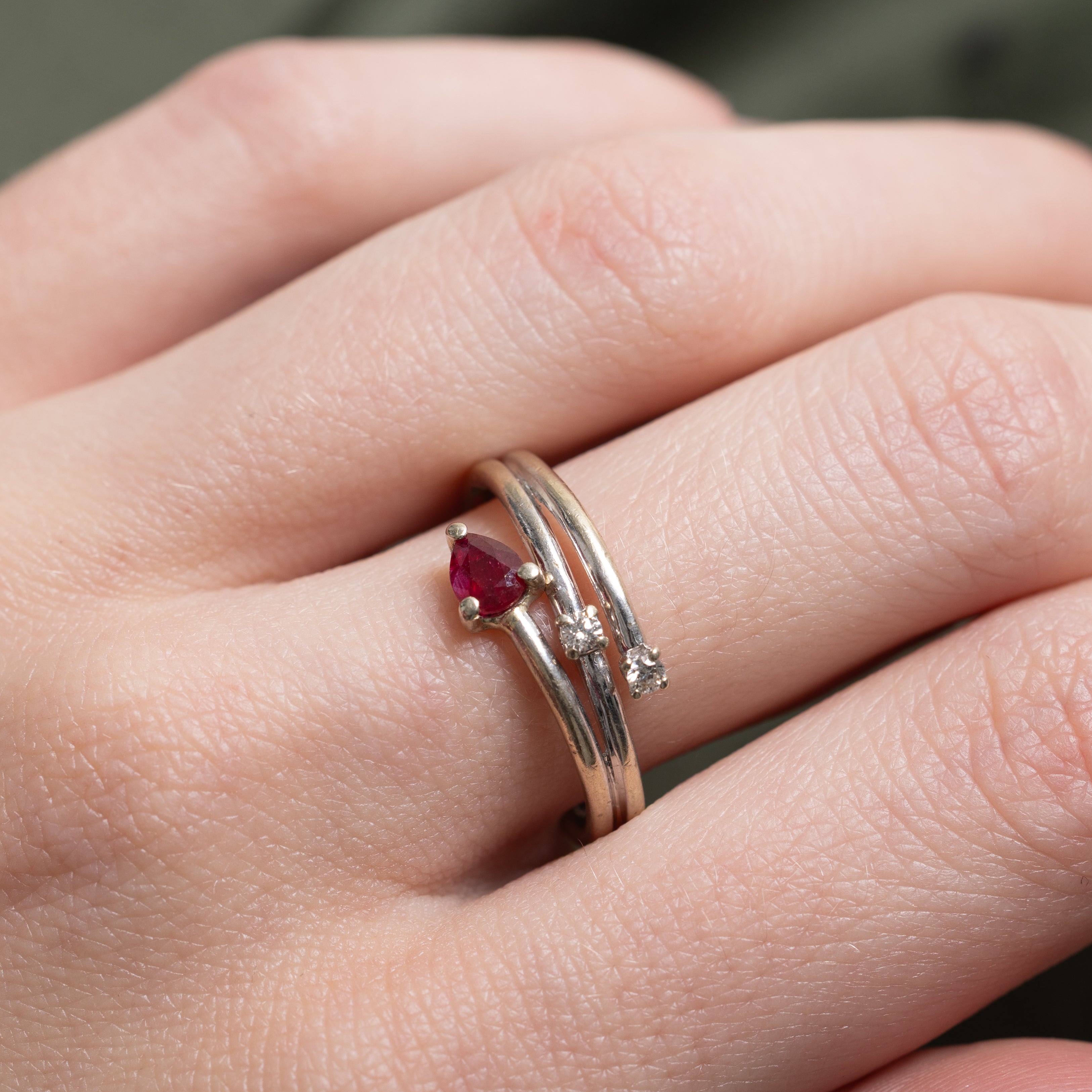 Pear Cut Ruby & Diamond Bypass Ring | SZ 6.75