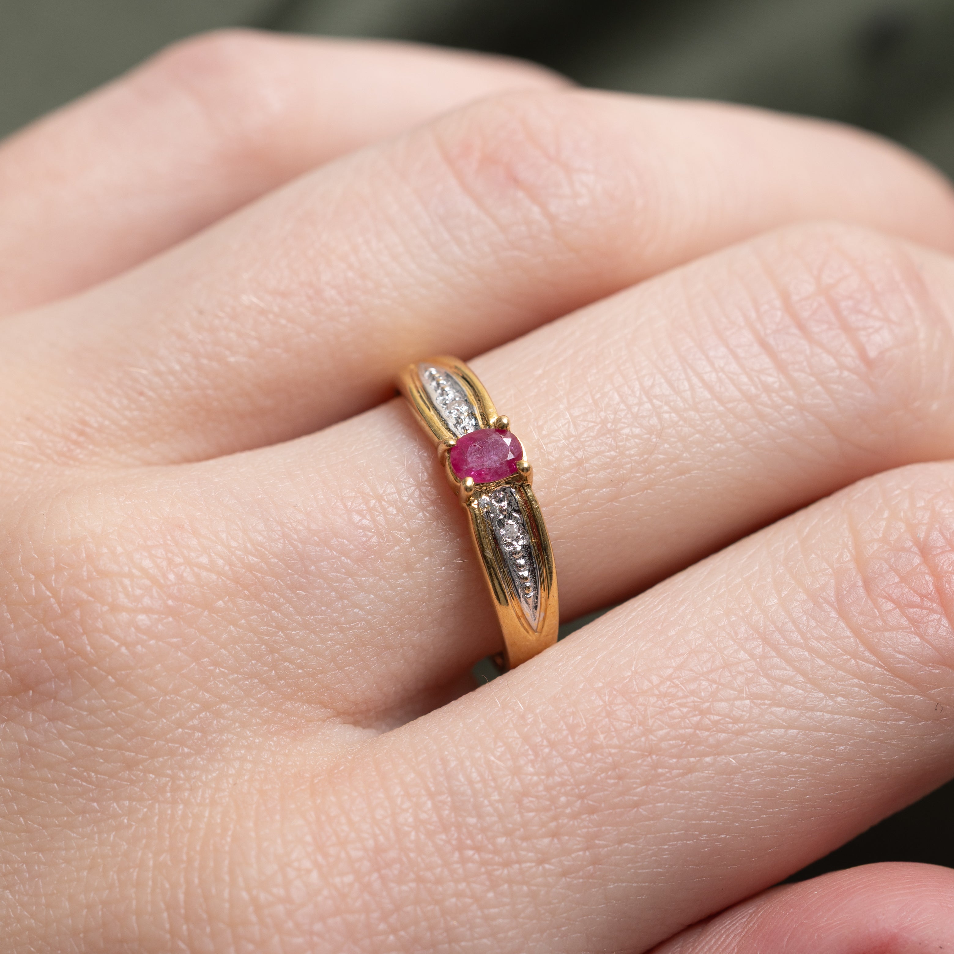 18k Two Tone Oval Cut Ruby & Diamond Ring | SZ 7