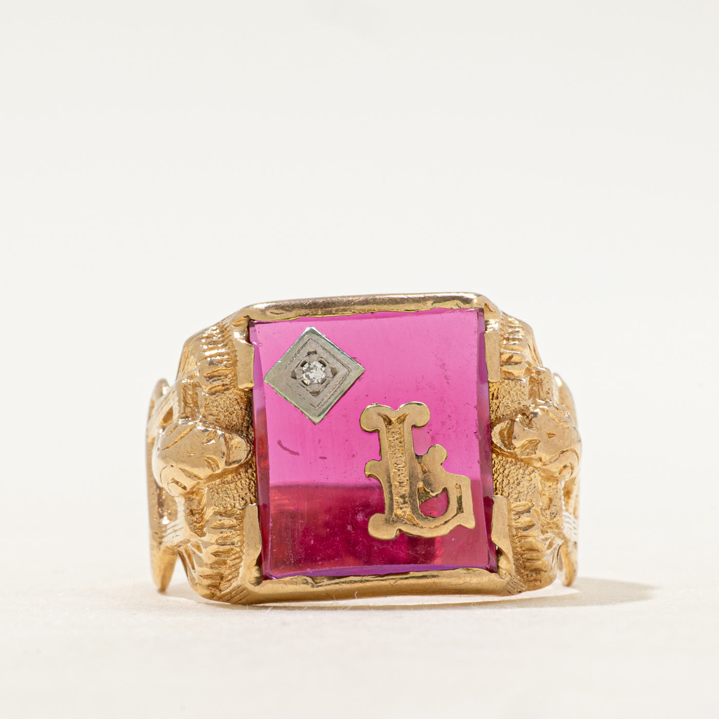 Synthetic Ruby & Diamond "L" Initial Signet Snake Ring | SZ 10.5