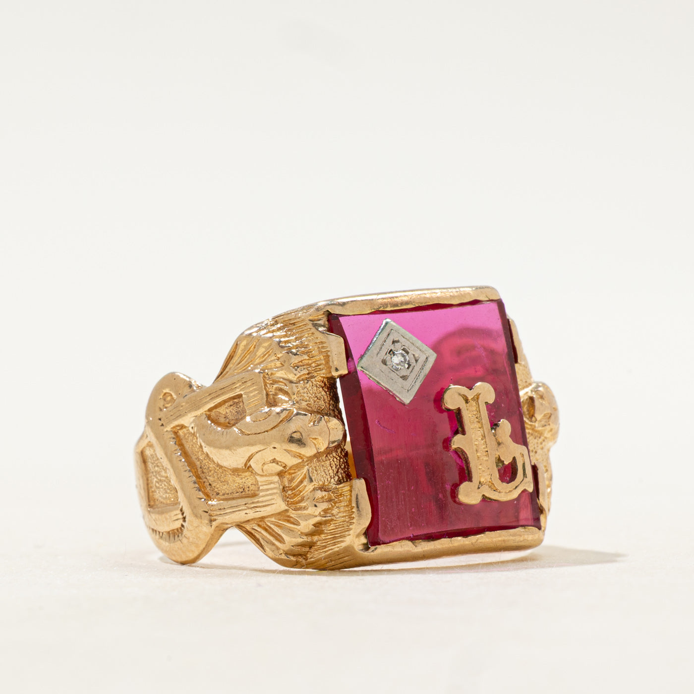 Synthetic Ruby & Diamond "L" Initial Signet Snake Ring | SZ 10.5