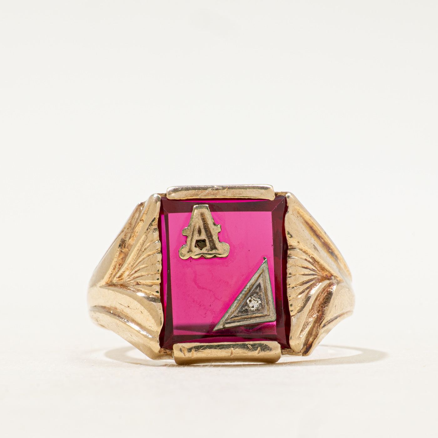 Synthetic Ruby & Diamond "A" Initial Signet Ring | SZ 10.5