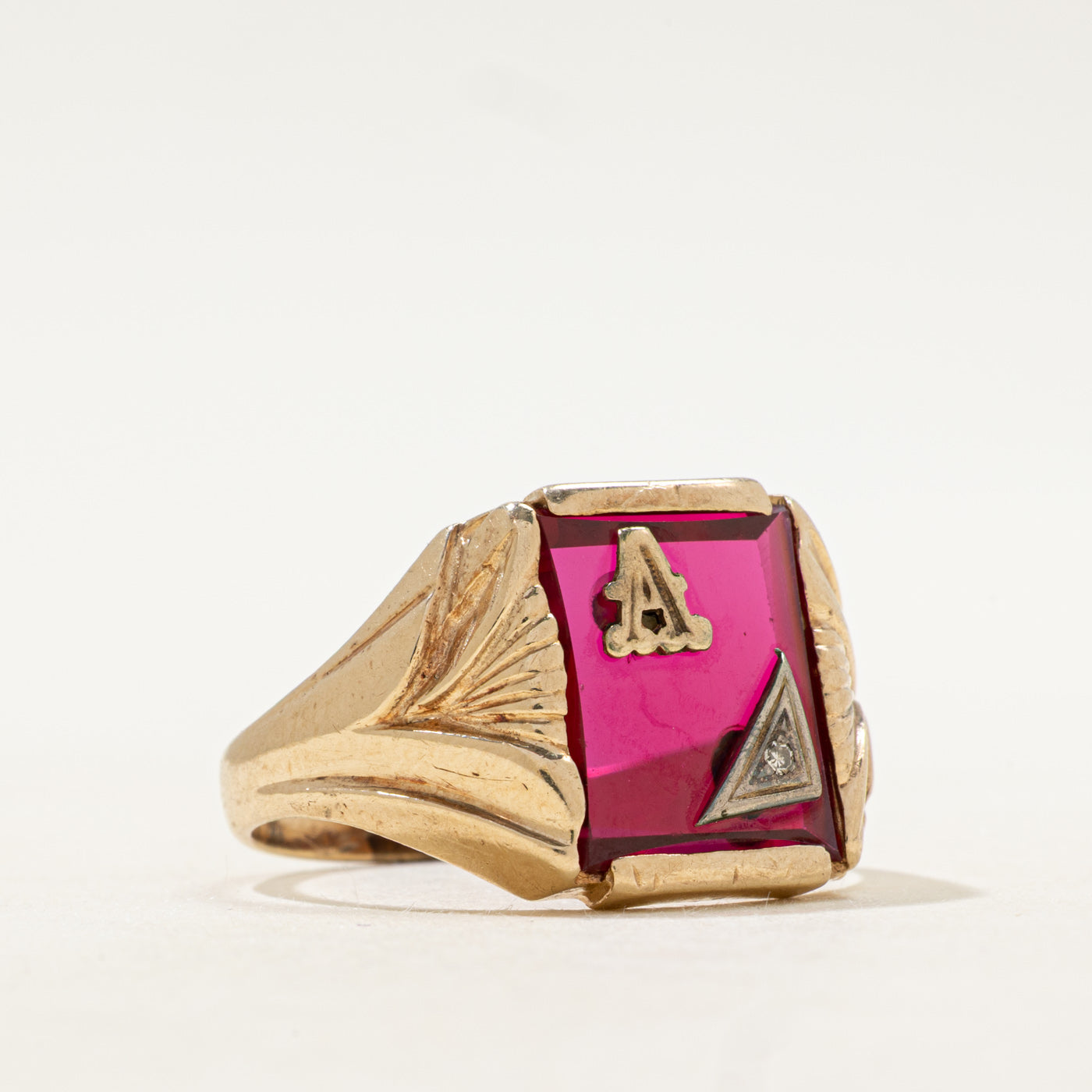 Synthetic Ruby & Diamond "A" Initial Signet Ring | SZ 10.5