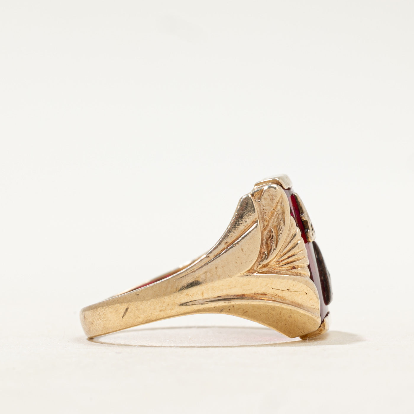 Synthetic Ruby & Diamond "A" Initial Signet Ring | SZ 10.5