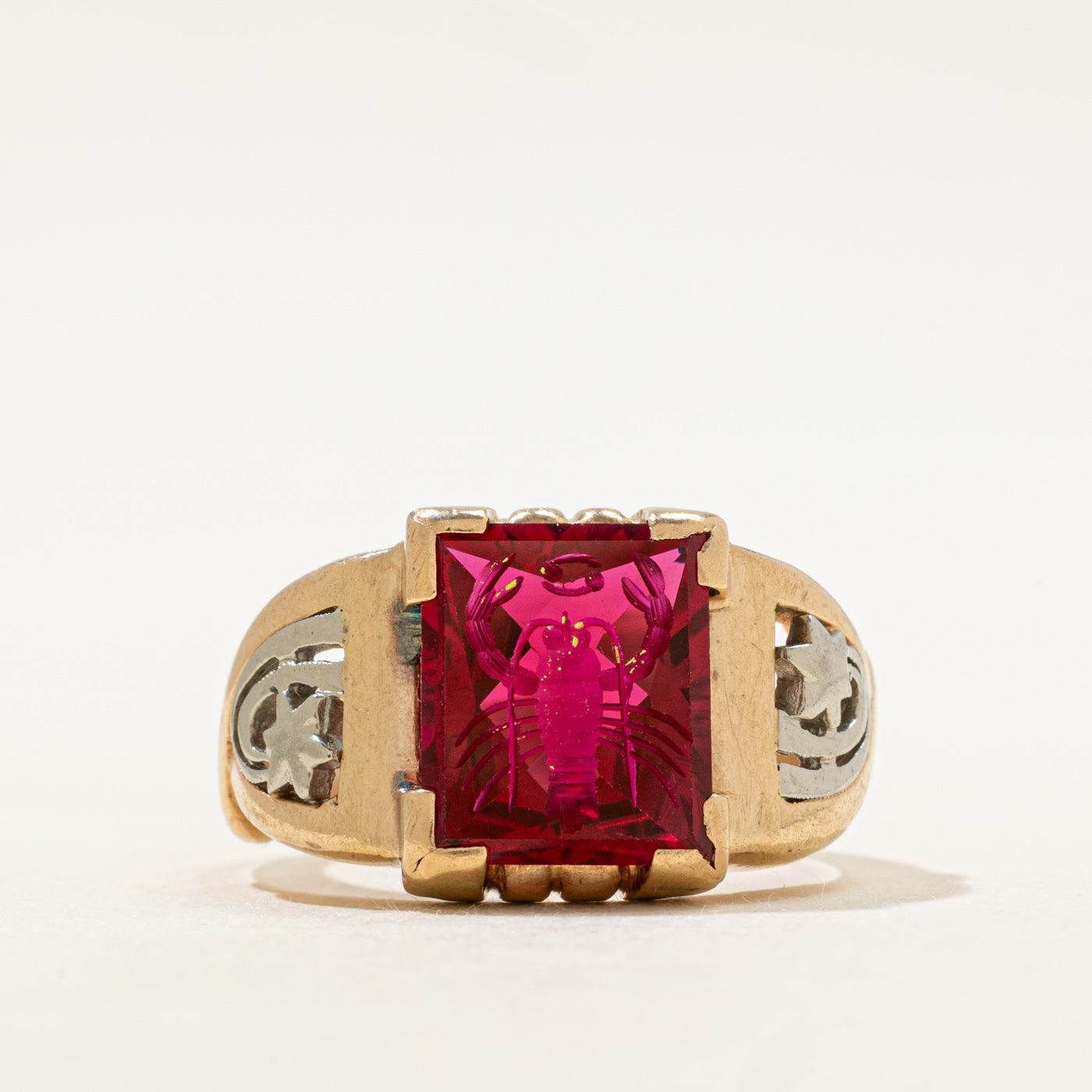 Two Tone Synthetic Ruby Lobster Intaglio Ring | SZ 10.5