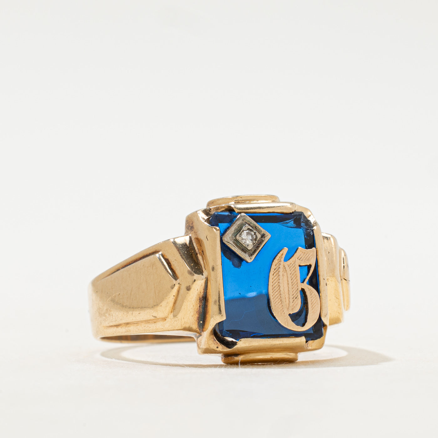 Synthetic Sapphire & Natural Diamond "B" Initial Signet Ring | SZ 11.75