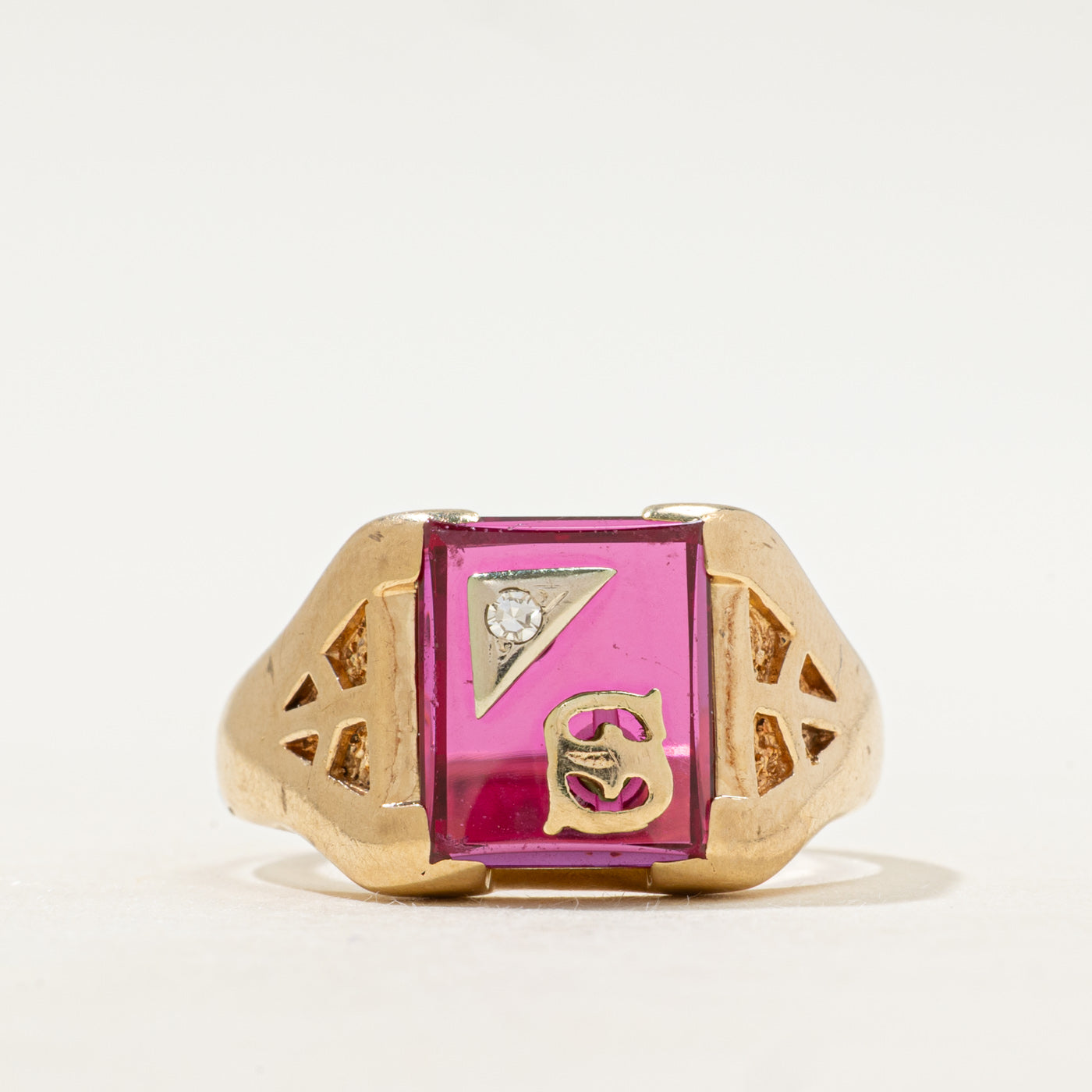 Synthetic Ruby & Natural Diamond "S" Initial Signet Ring | SZ 9.5