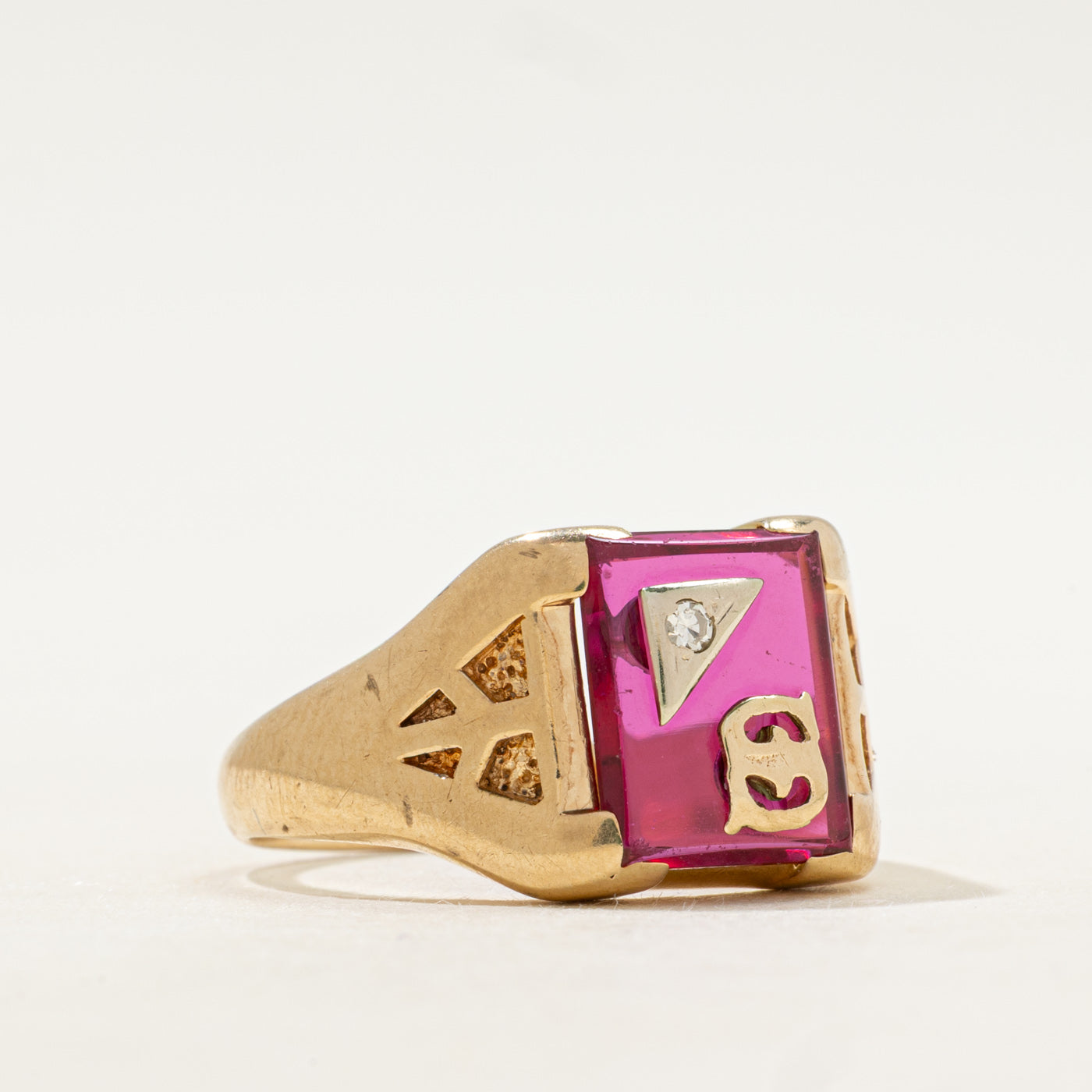 Synthetic Ruby & Natural Diamond "S" Initial Signet Ring | SZ 9.5
