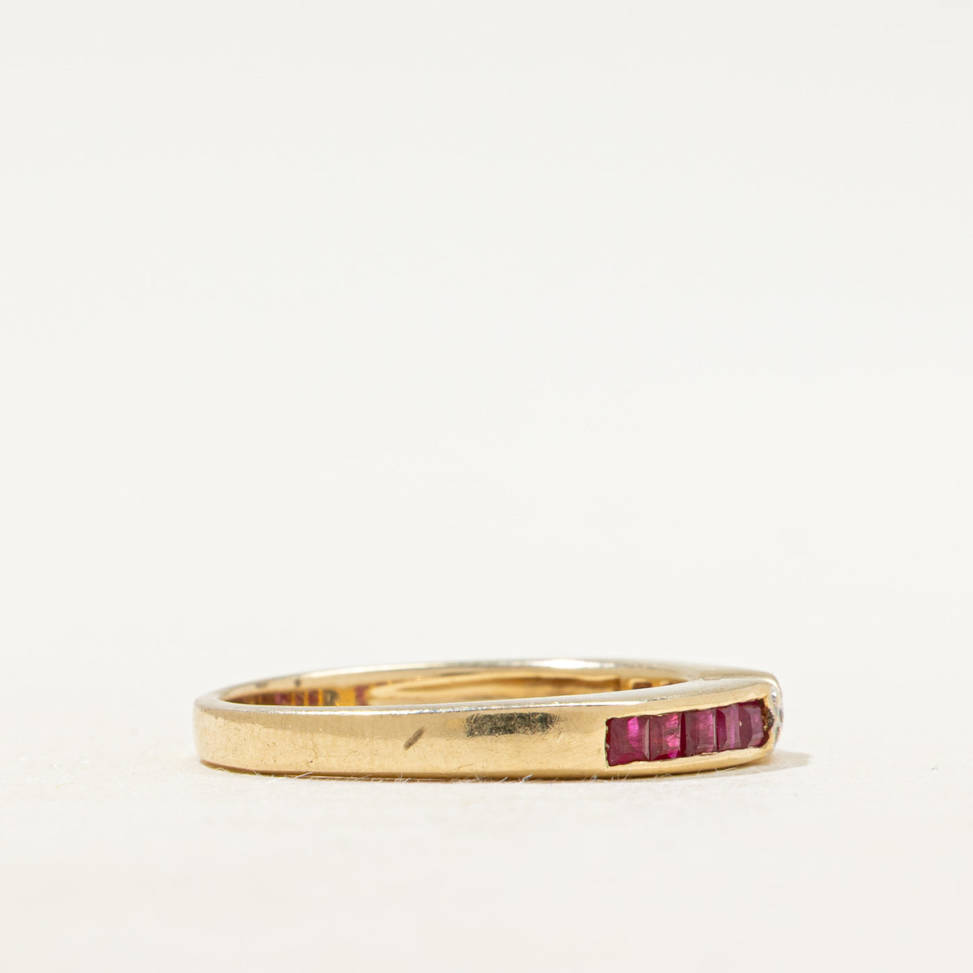 Channel Set Synthetic Ruby & Natural Diamond Contour Band | SZ 6.5