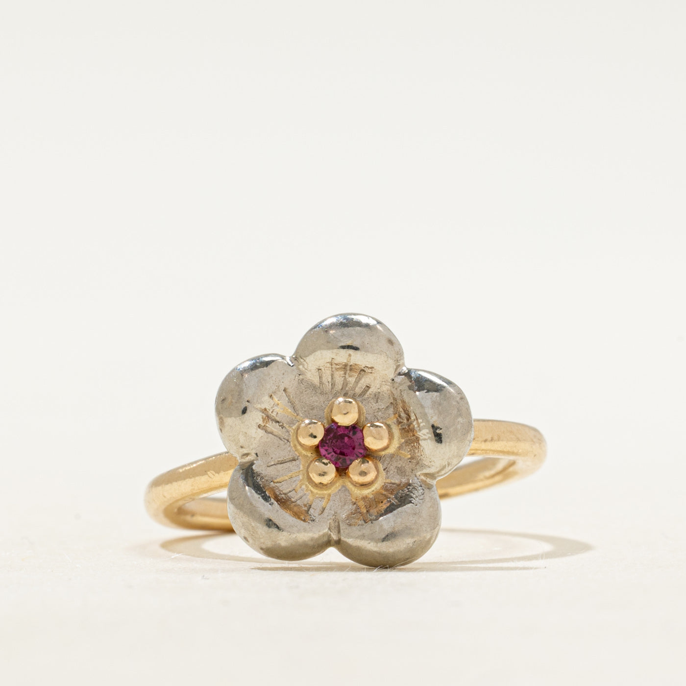 Two Tone Gold Ruby Flower Ring | SZ 6.25