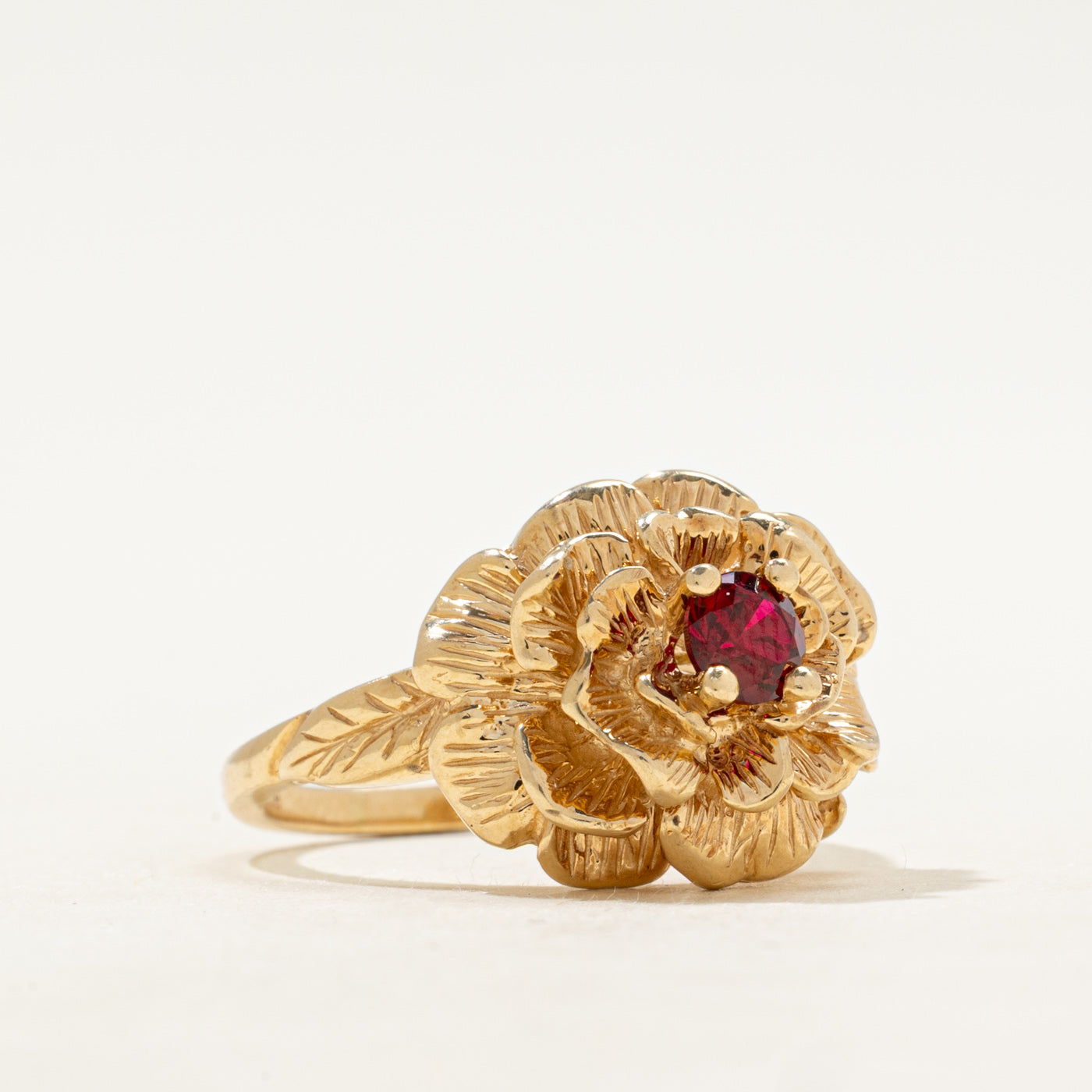Synthetic Ruby Textured Flower Cocktail Ring | SZ 6.75
