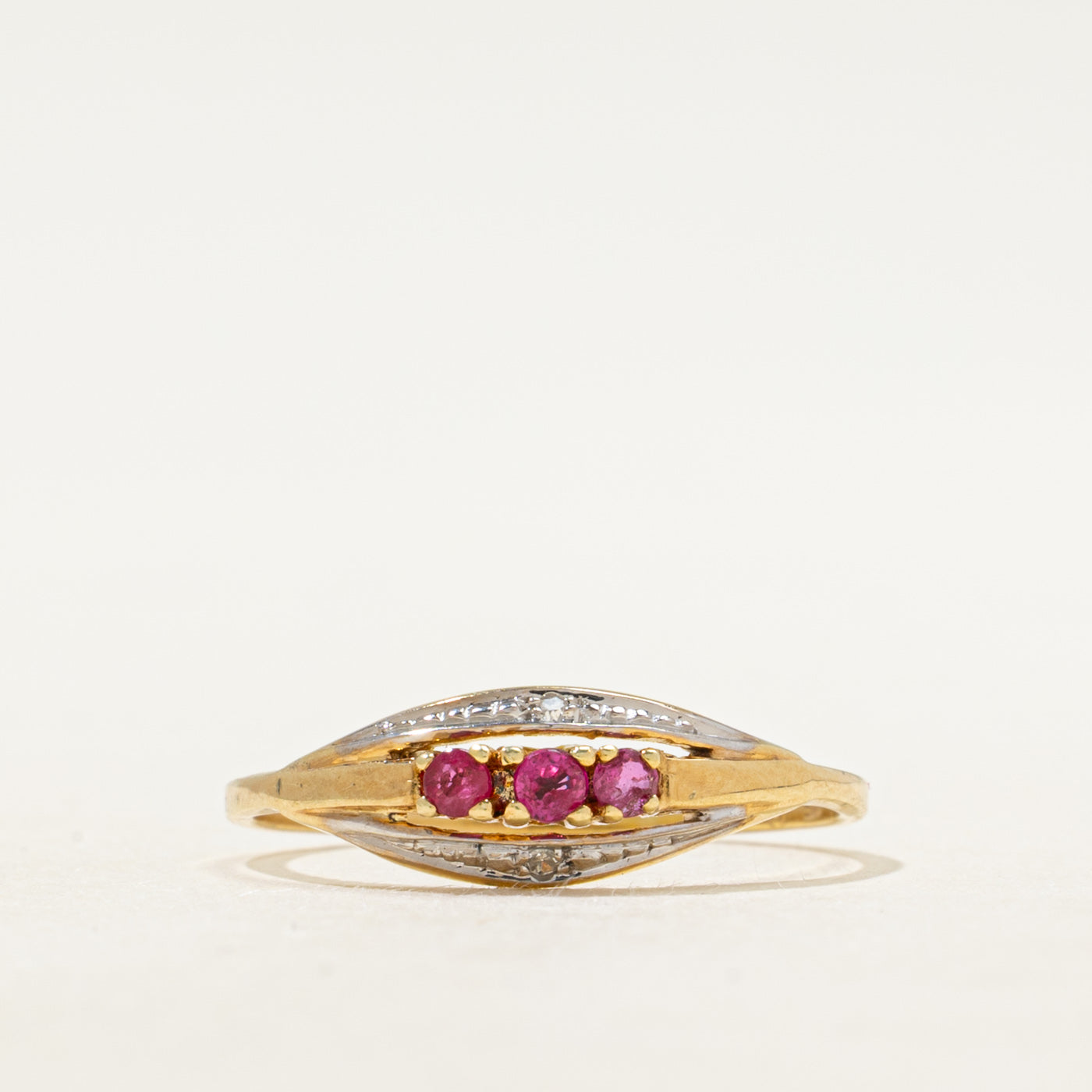 Three Stone Synthetic Ruby & Natural Diamond Ring | SZ 6.75