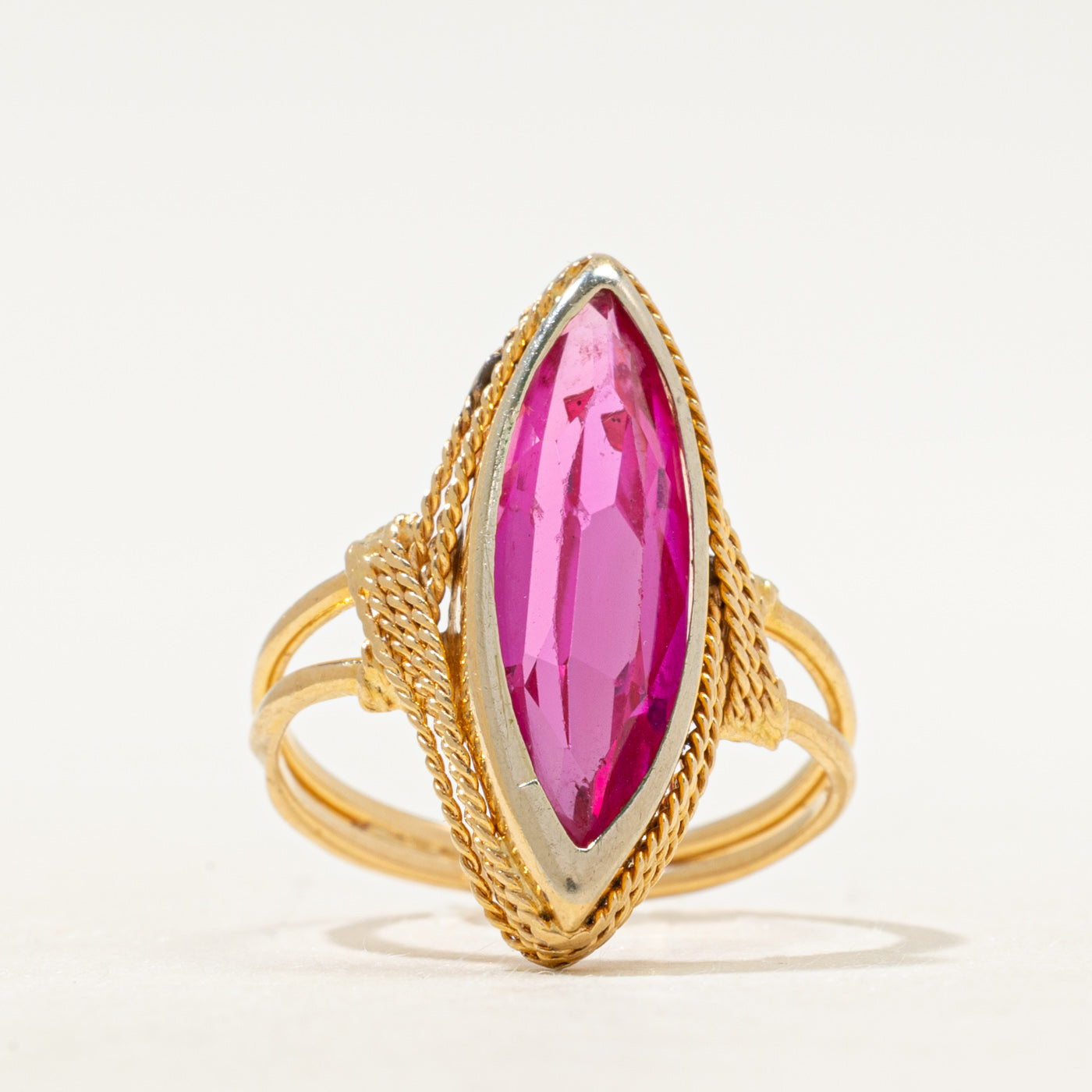 18k Bezel Set Synthetic Ruby Navette Ring | SZ 5.75