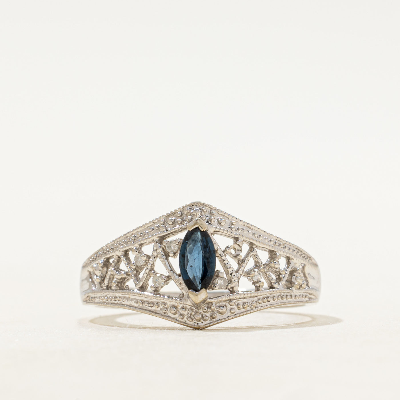 Marquise Cut Sapphire & Diamond Ornate Openwork Ring | SZ 6.75