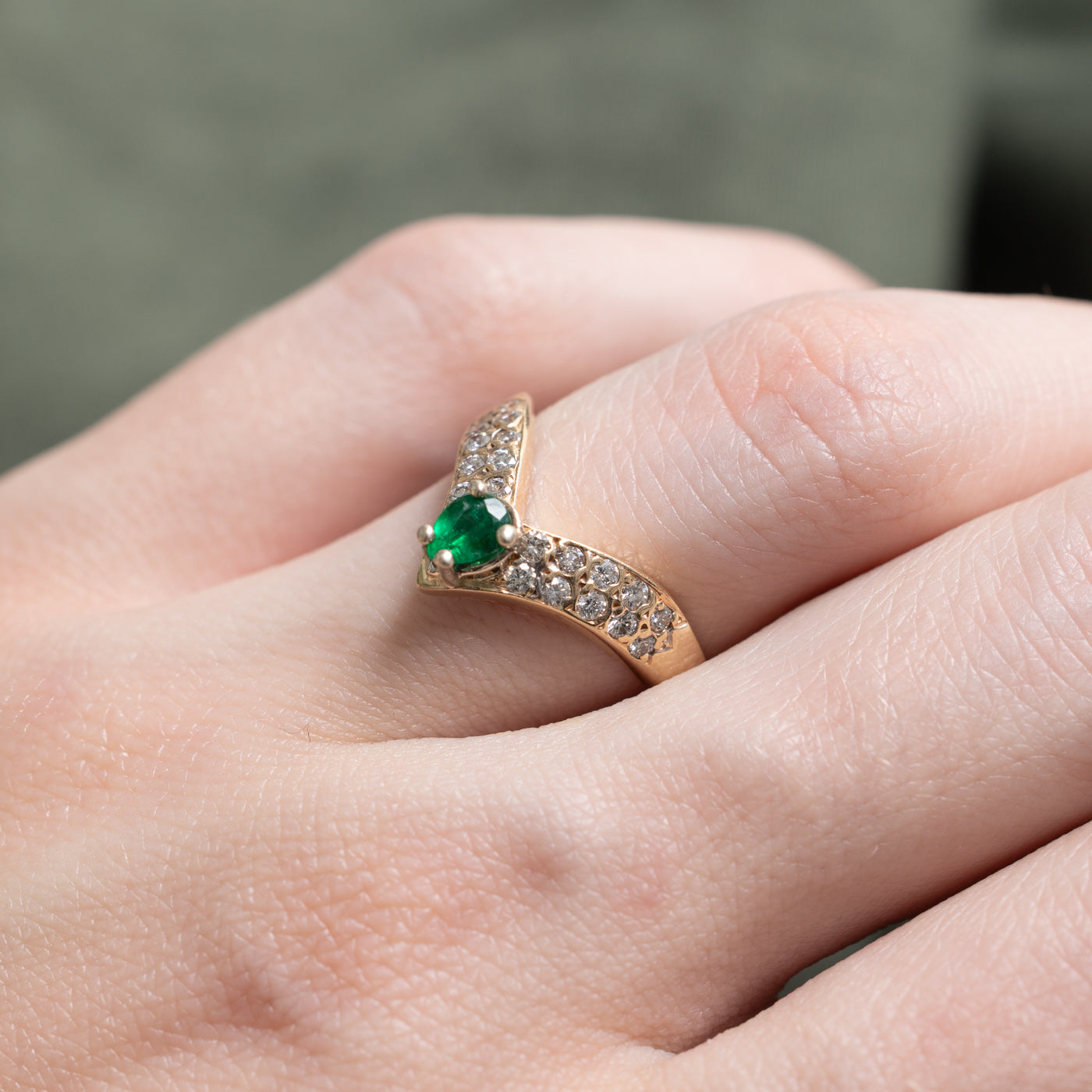 Pear Cut Emerald & Diamond Chevron Ring | 0.22ct, 0.3ctw | SZ 6.0 |