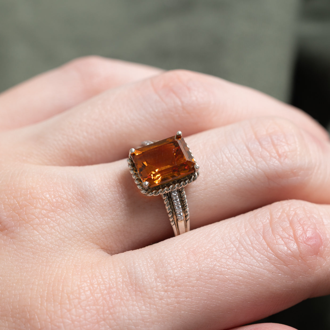 Emerald Cut Citrine & Diamond Rope Ring | 3.10ct | SZ 7.0 |