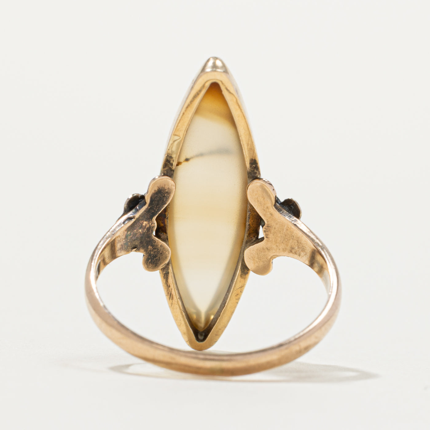 Bezel Set Agate Floral Engraved Navette Ring | SZ 7.5
