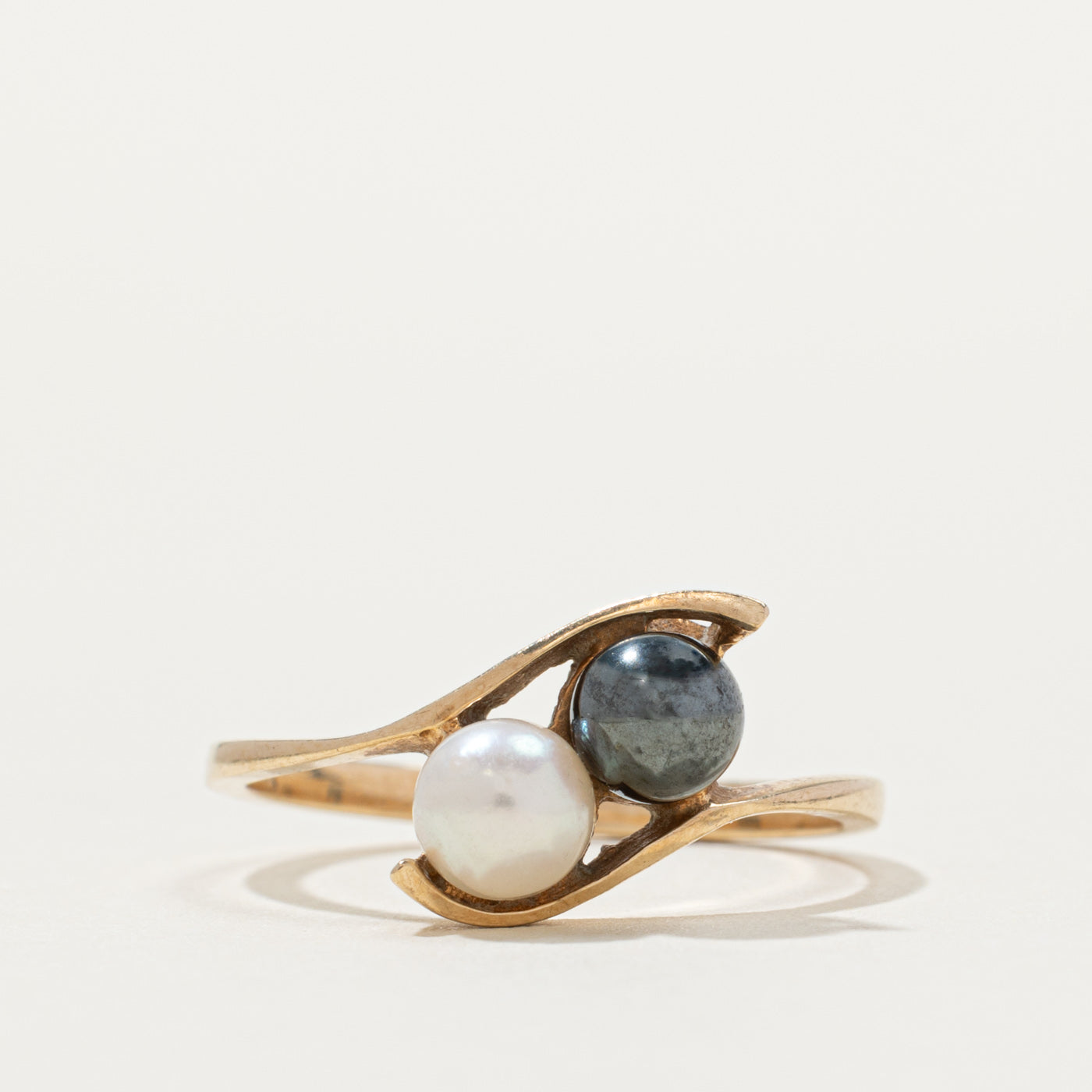 Two Stone Hematite & Pearl Bypass Ring | SZ 6