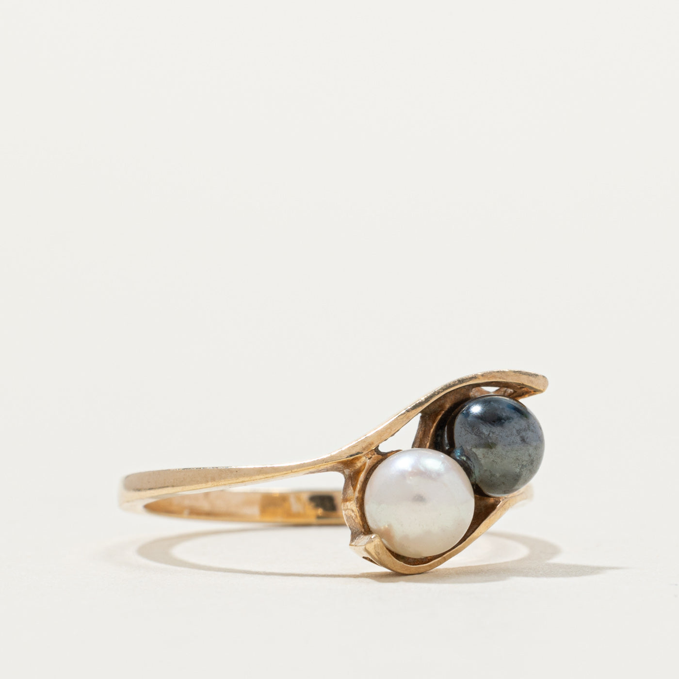 Two Stone Hematite & Pearl Bypass Ring | SZ 6