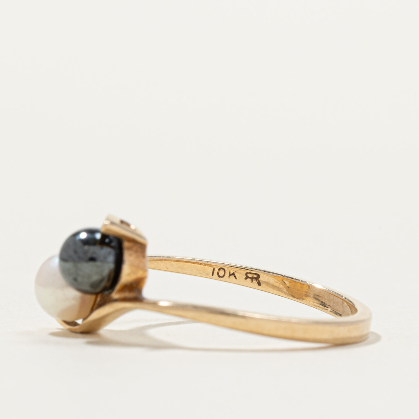 Two Stone Hematite & Pearl Bypass Ring | SZ 6