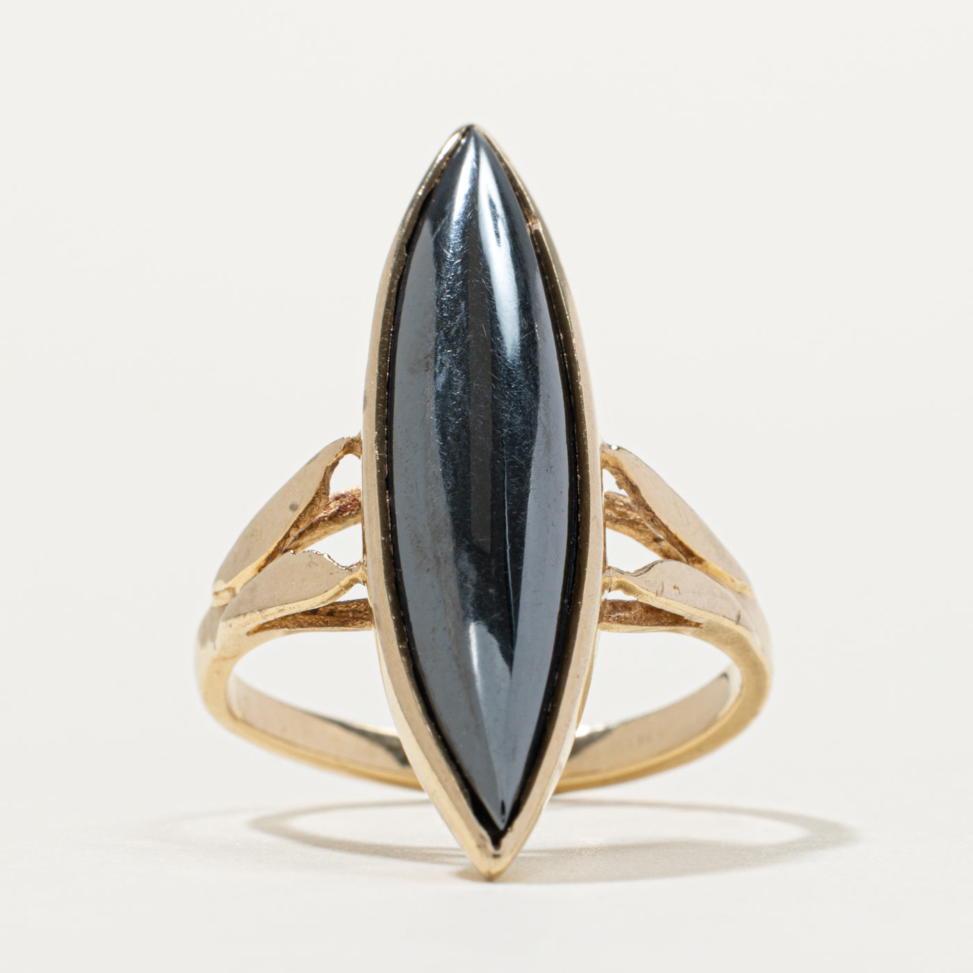 10k Marquise Cut Bezel Set Hematite Navette Ring | SZ 4