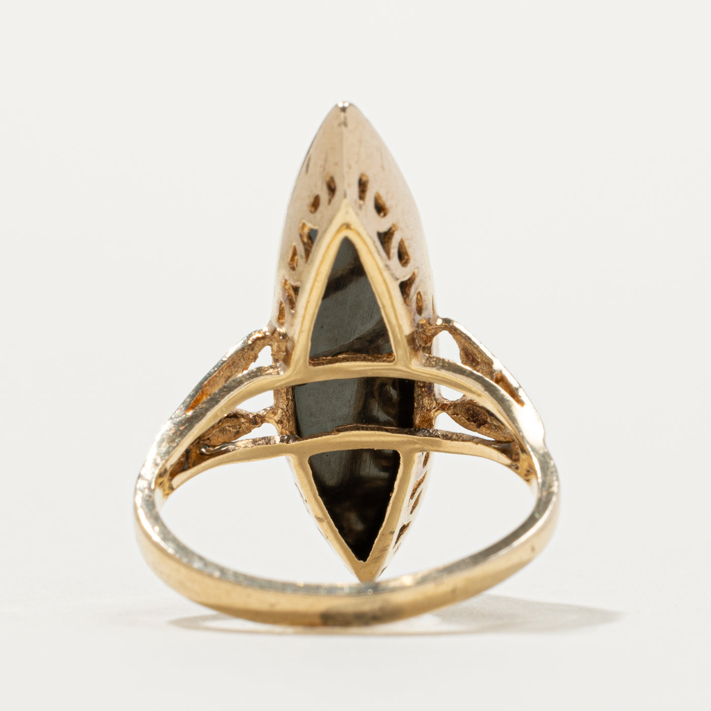 10k Marquise Cut Bezel Set Hematite Navette Ring | SZ 4