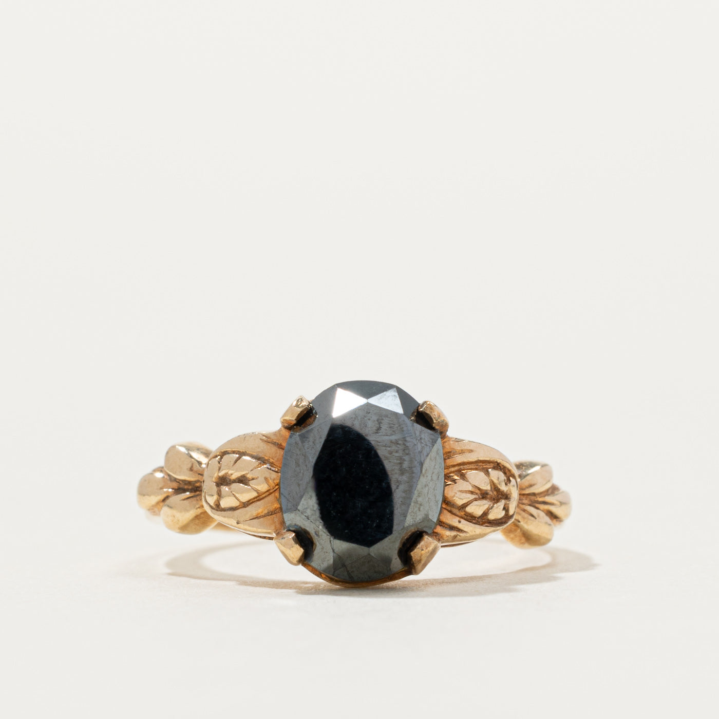 10k Solitaire Hematite Floral Engraved Ring | SZ 4.5