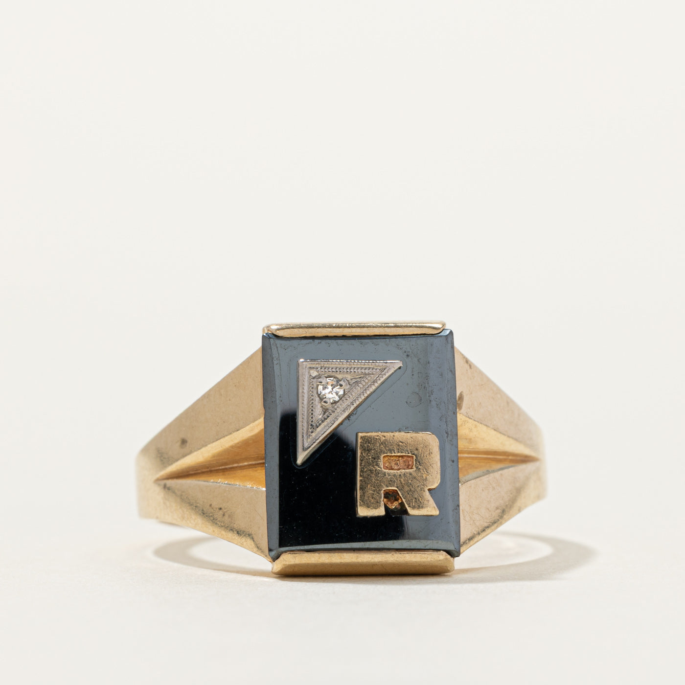 10k Hematite & Diamond Accented "R" Initial Signet Ring | SZ 11