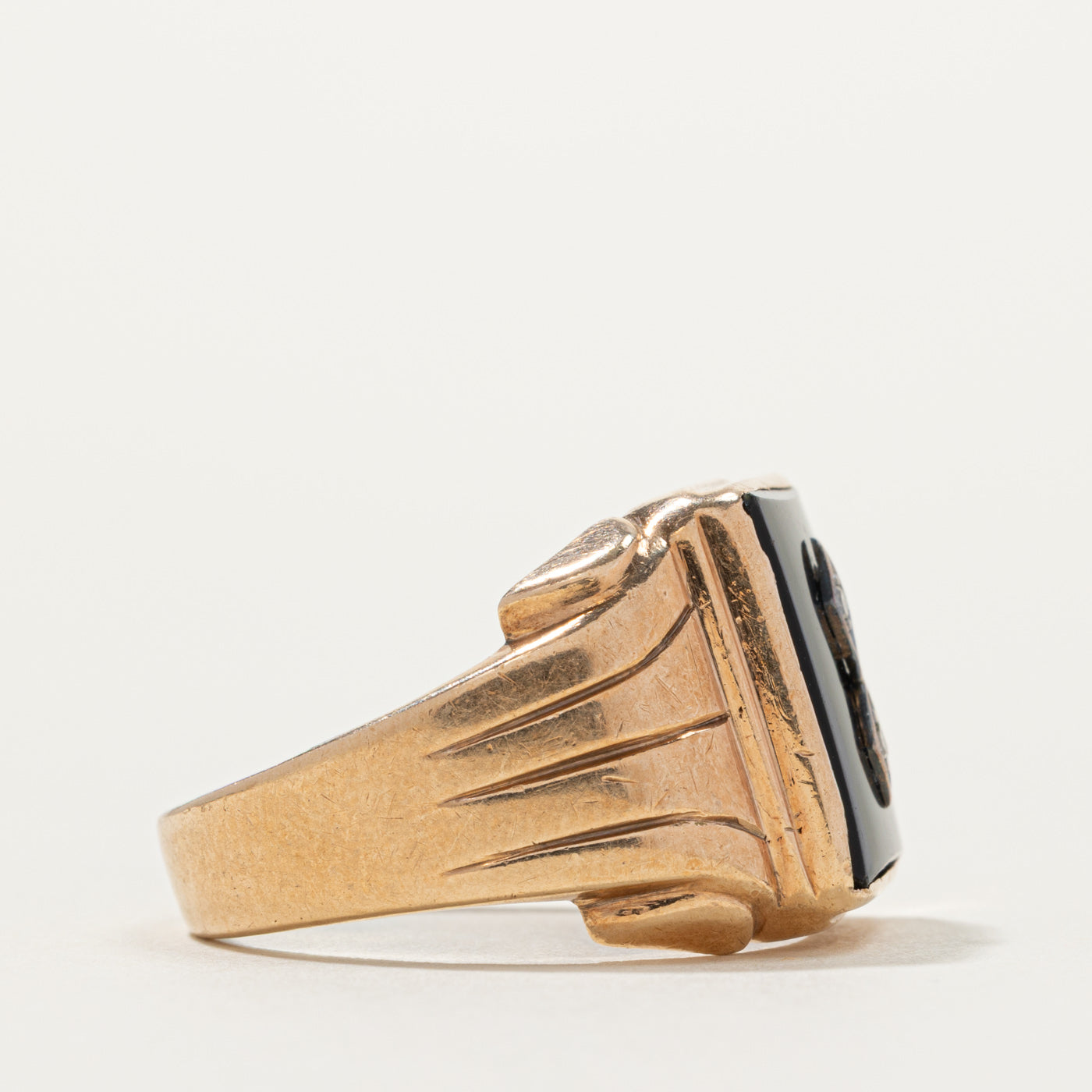 10k Onyx & Diamond Accented Grooved Signet Ring | SZ 9.5