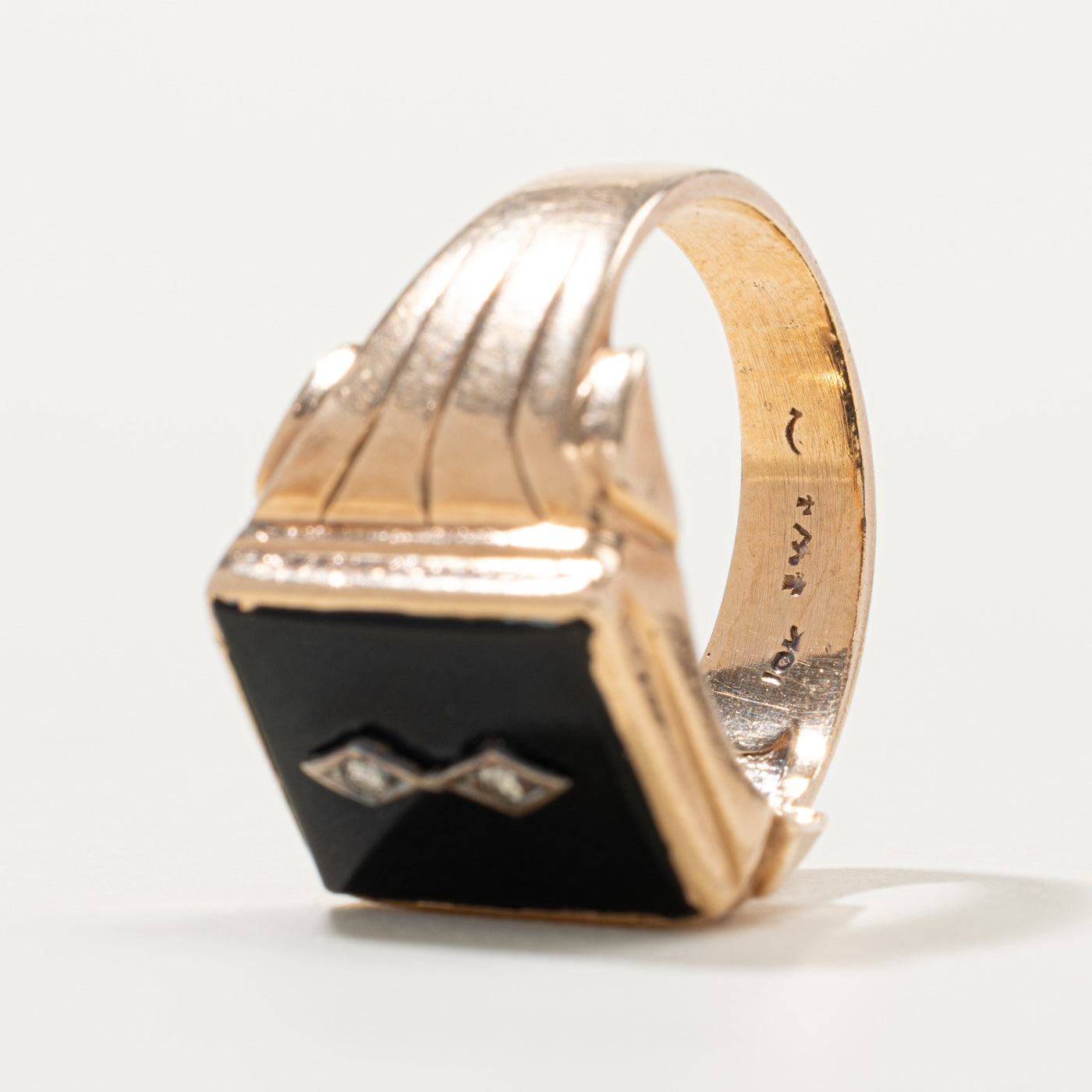 10k Onyx & Diamond Accented Grooved Signet Ring | SZ 9.5