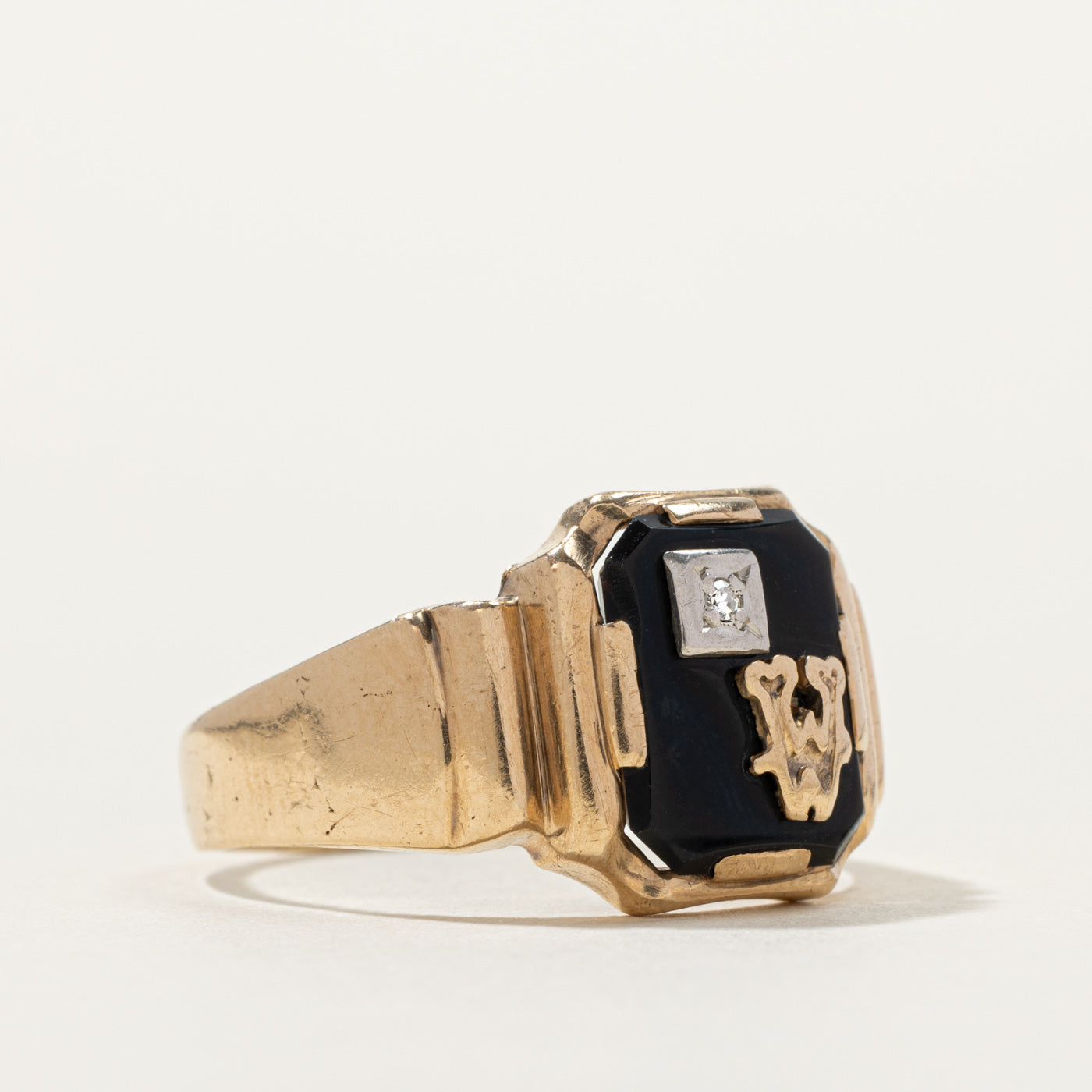 10k Onyx & Diamond "W" Initial Ring | SZ 12