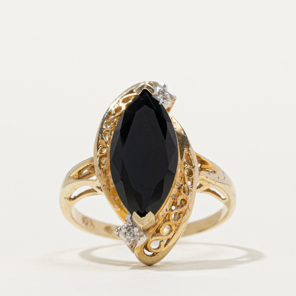 10k Marquise Cut Onyx & Diamond Accented Ring | SZ 6