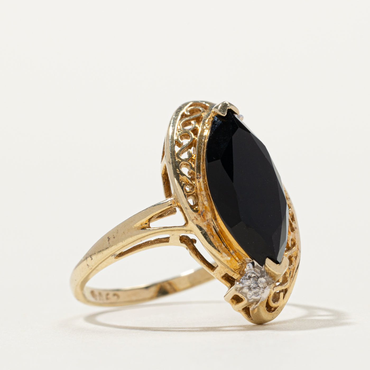 10k Marquise Cut Onyx & Diamond Accented Ring | SZ 6