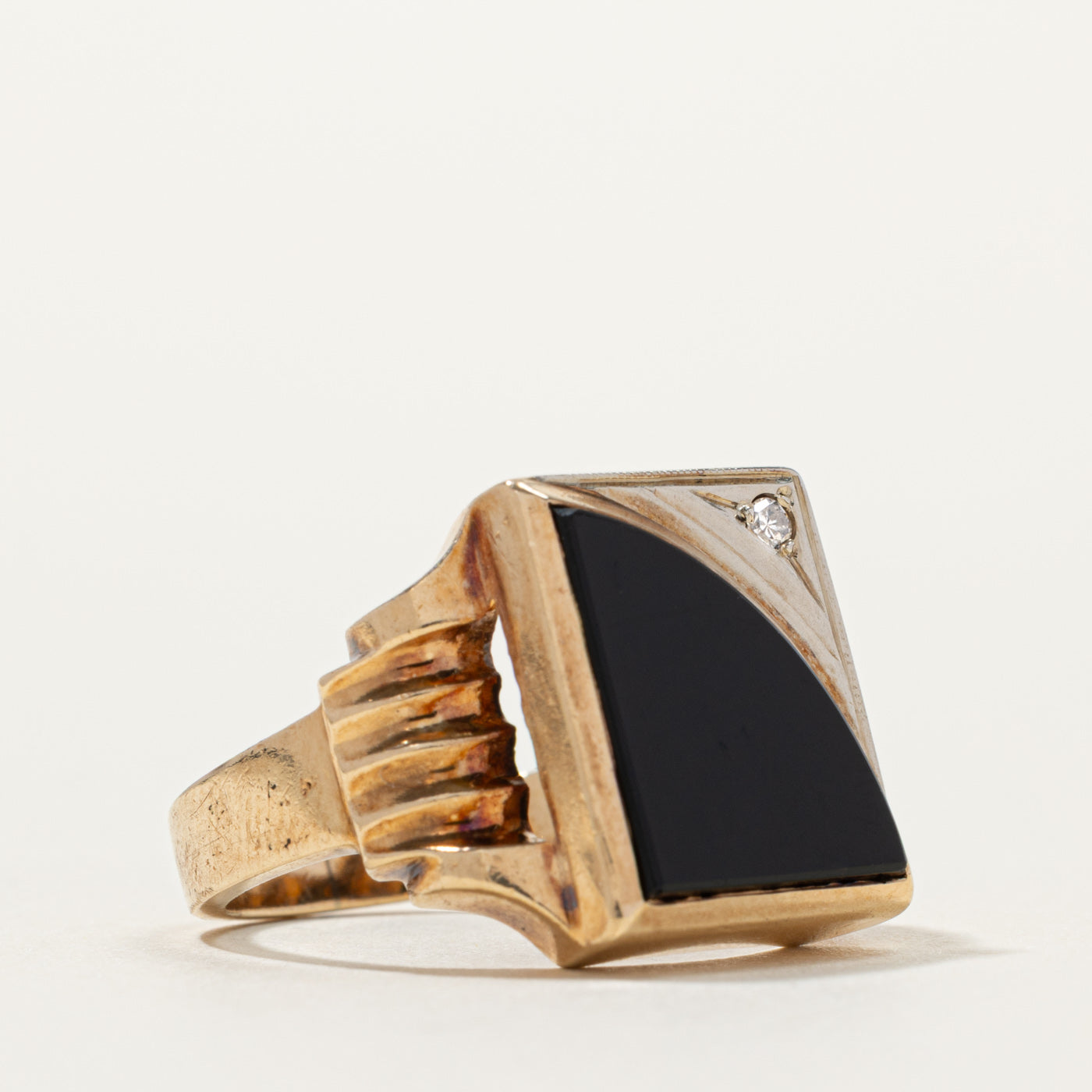 10k Onyx & Diamond Geometric Signet Ring | SZ 8
