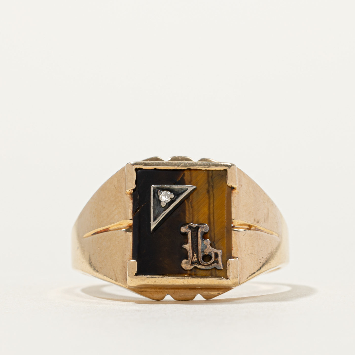 10k Tiger's Eye "L" Initial Signet Ring | SZ 11.25