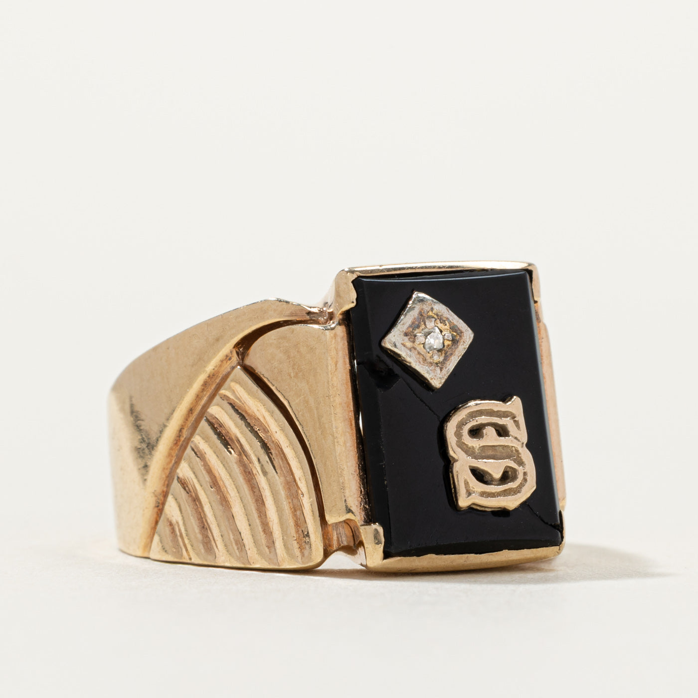 10k Onyx & Diamond "S" Initial Ring | SZ 8.75