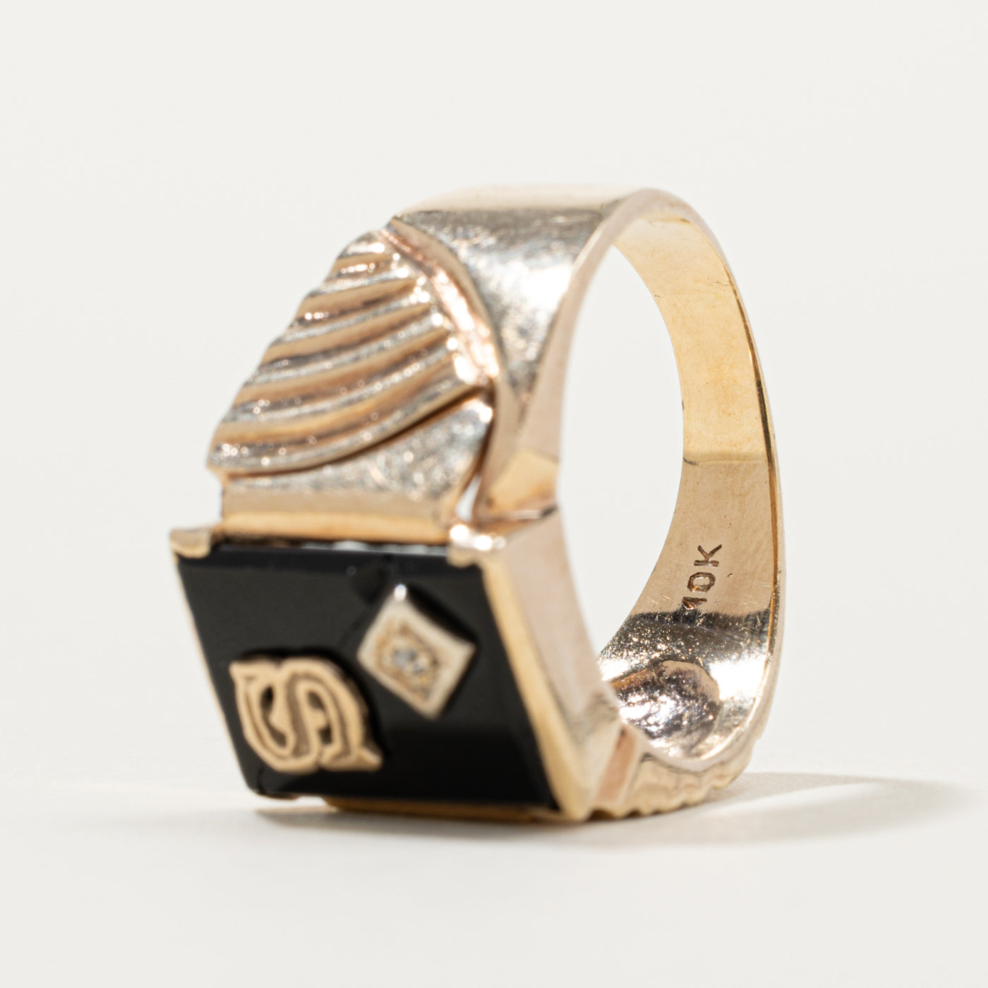 10k Onyx & Diamond "S" Initial Ring | SZ 8.75
