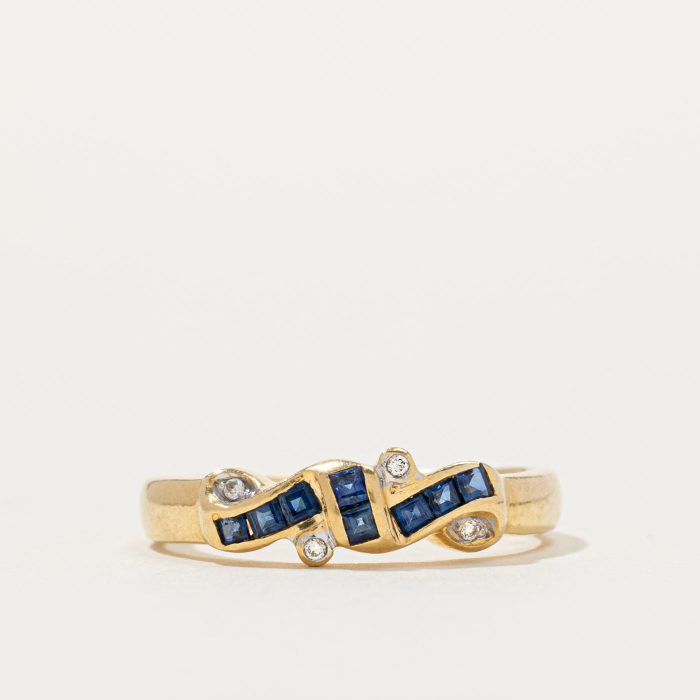 Channel Set Sapphire & Diamond Wave Design Ring | 0.08ctw, 0.04ctw | SZ 5.75