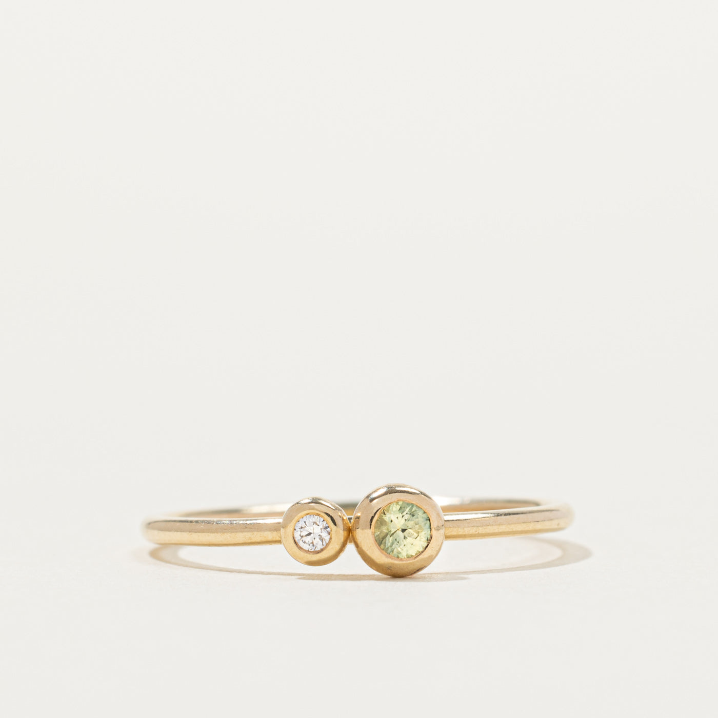14k Two Stone Bezel Set Peridot & Diamond Ring | SZ 7