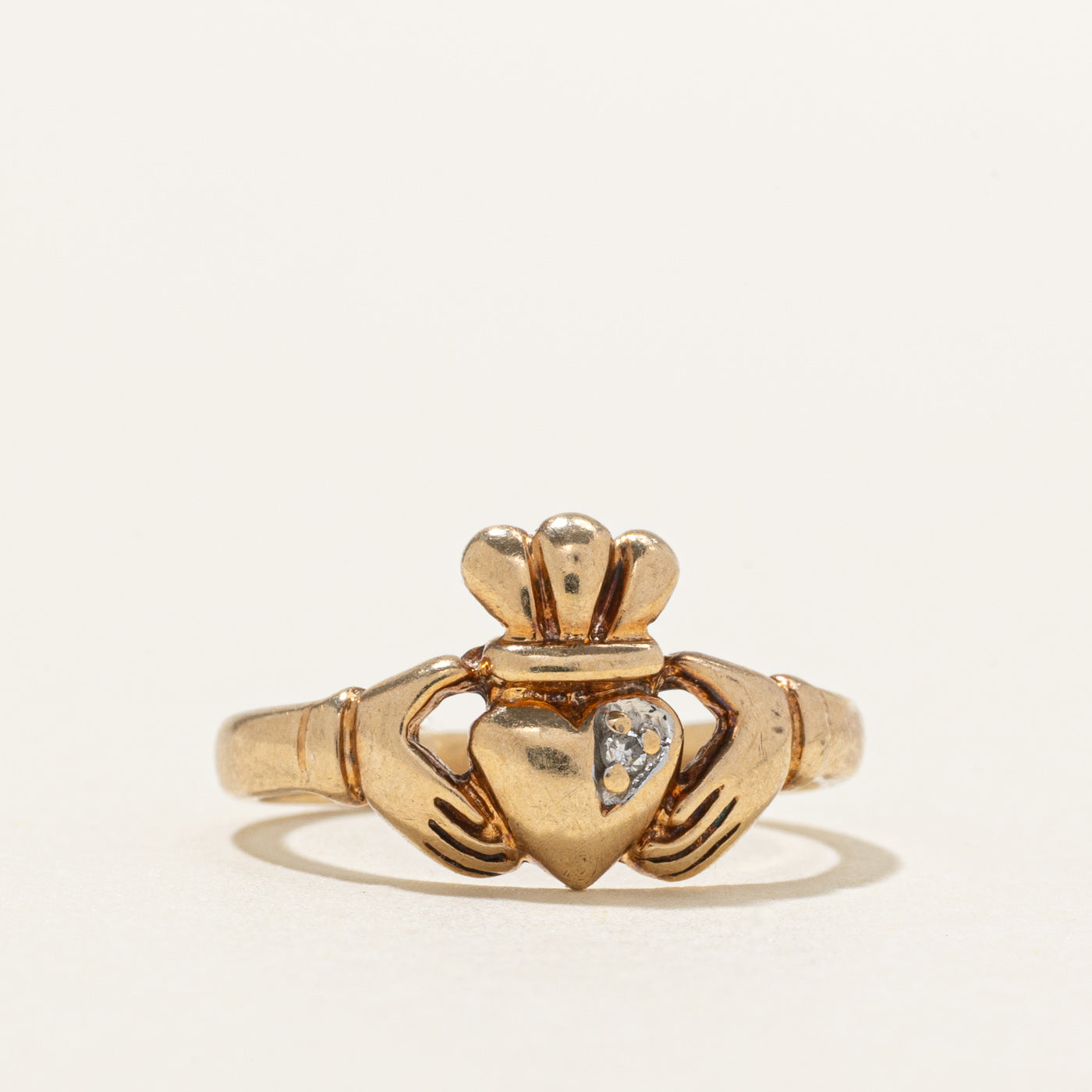 10K Yellow Gold Diamond Claddagh Ring | SZ 3.5