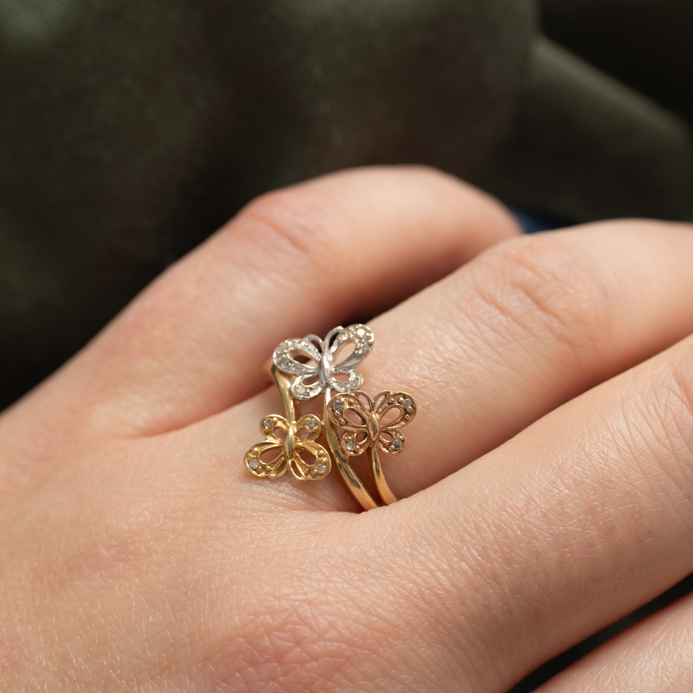 10K Tri Tone Gold Diamond Butterfly Ring | SZ 7.0