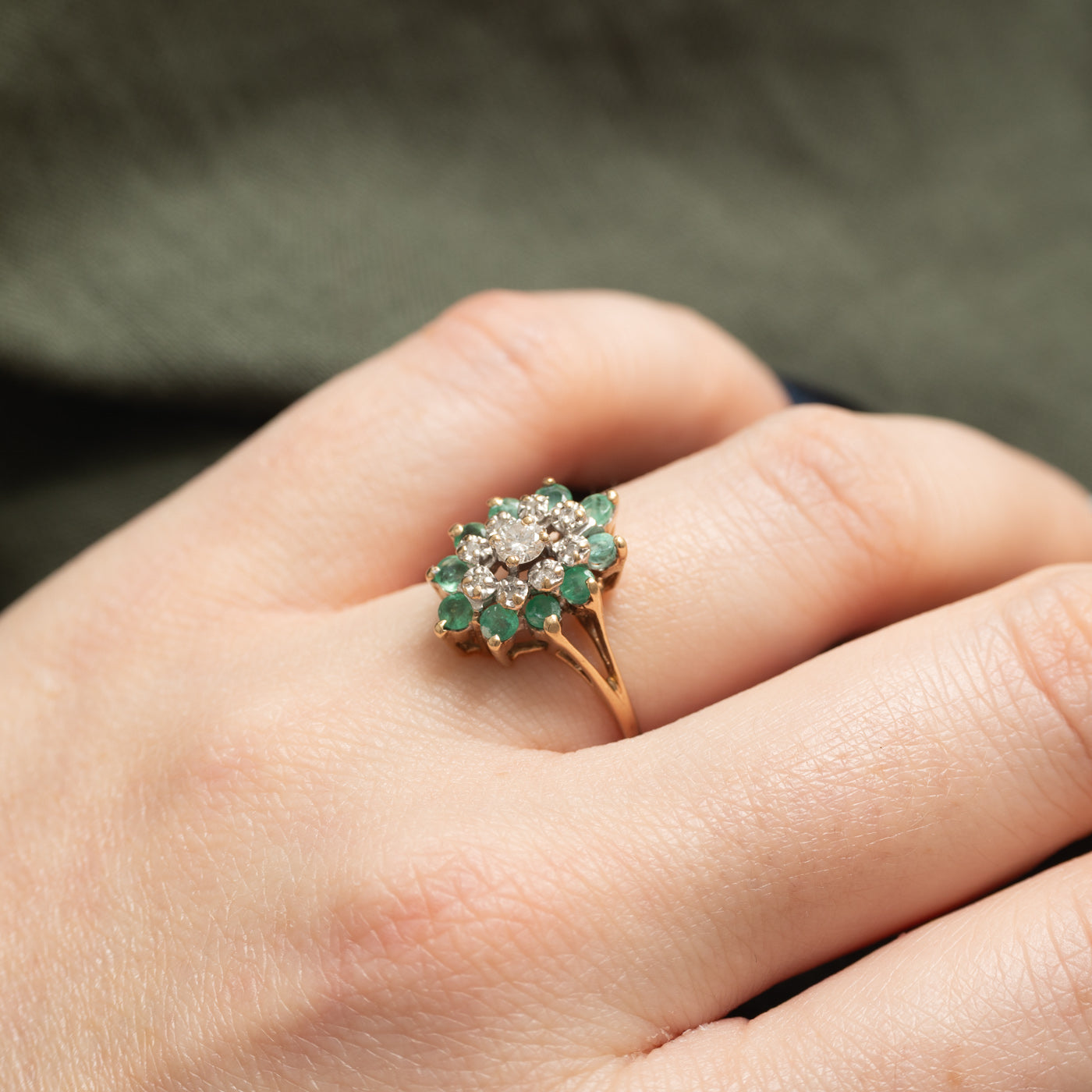 10K Emerald & Diamond Petal Cluster Ring | 0.50ctw, 0.18ctw | SZ 5.25