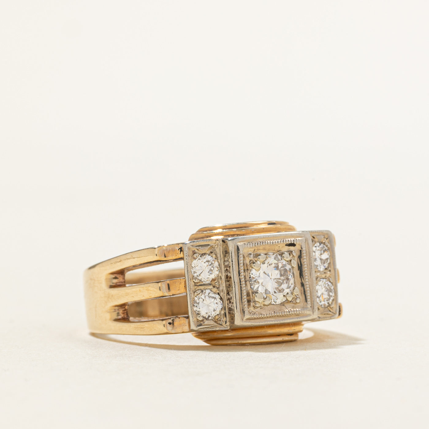 10k Diamond Geometric Grooved Ring | 0.39ct VS1 H, 0.35ctw | SZ 10.25
