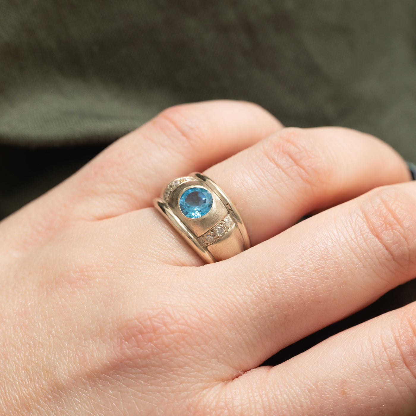 14K Round Cut Blue Topaz & Diamond Chunky Ring | 1.05ct, 0.12ctw | SZ 6.0