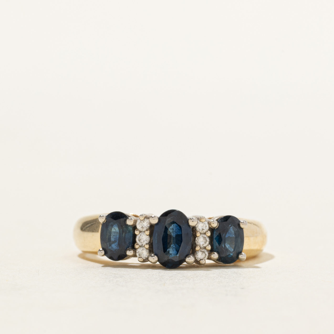 ‘Birks’ 14k Three Stone Sapphire & Diamond Ring | 1.47ctw, 0.07ctw | SZ 6.75