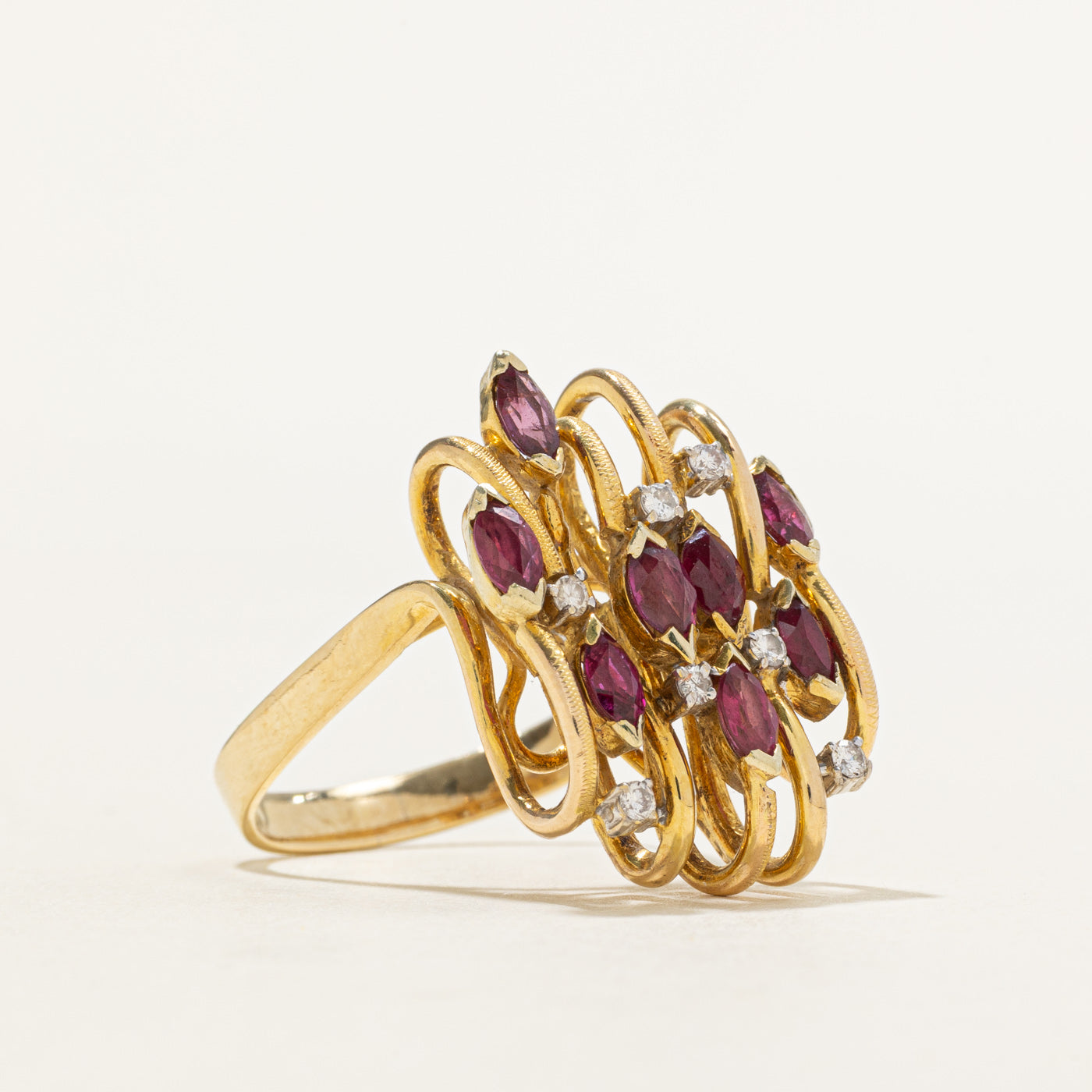 14k Ruby & Diamond Cluster Abstract Cocktail Ring | 1.58ctw, 0.14ctw | SZ 6