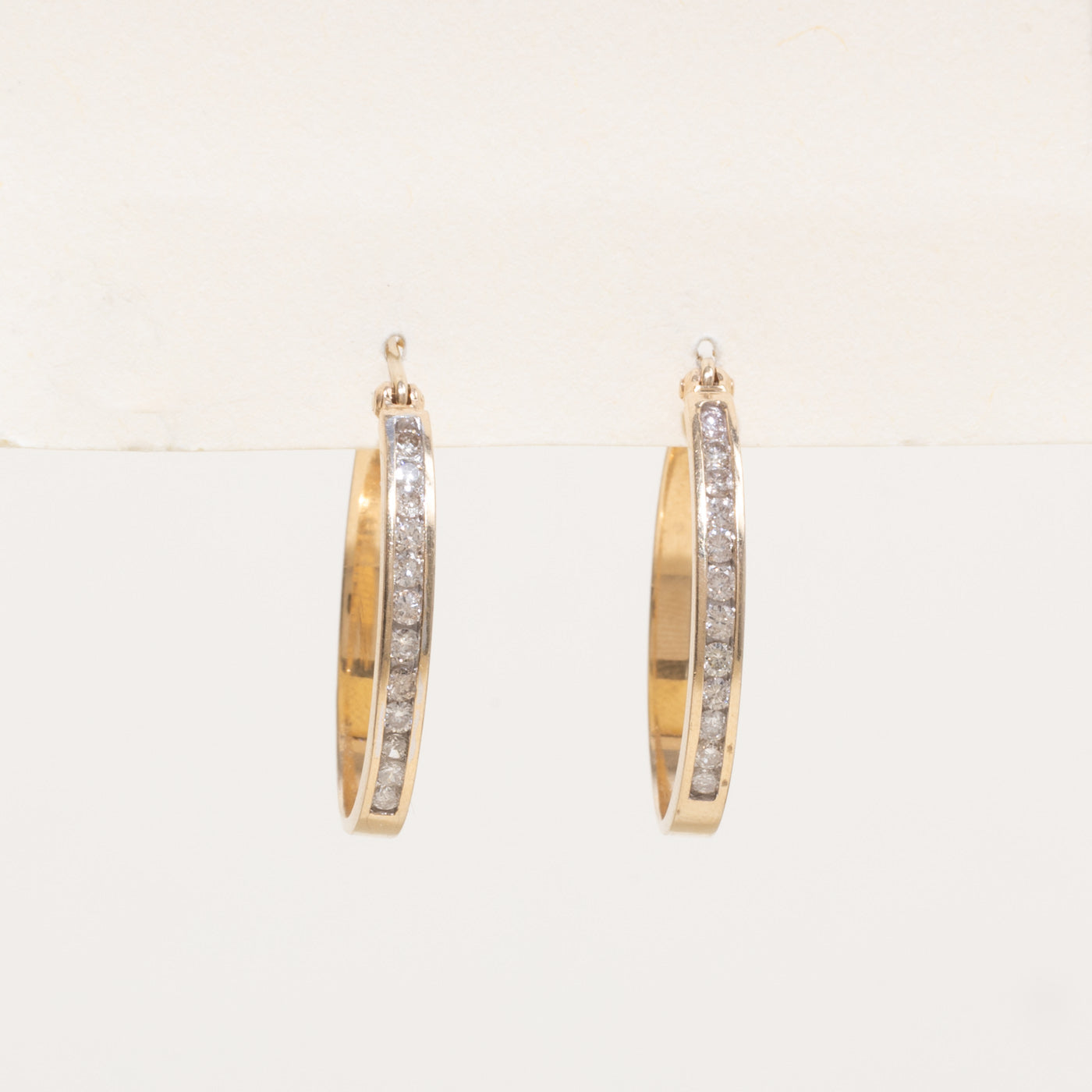 14k Yellow Gold Channel Set Diamond Hoop Earrings | 0.36ctw